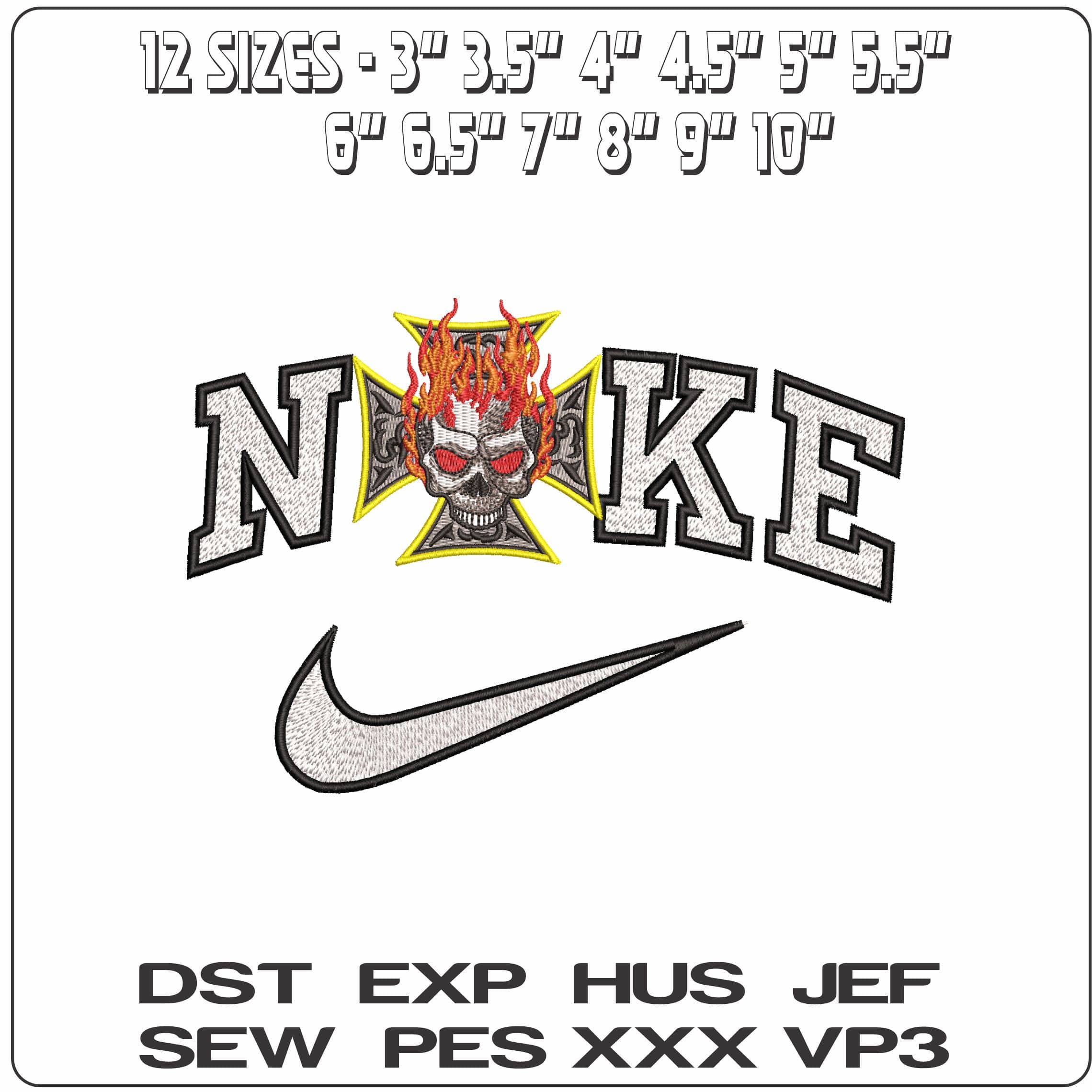 Nike Flaming Skull in Cross   - Elegant embroidery design file-instant download — view 2