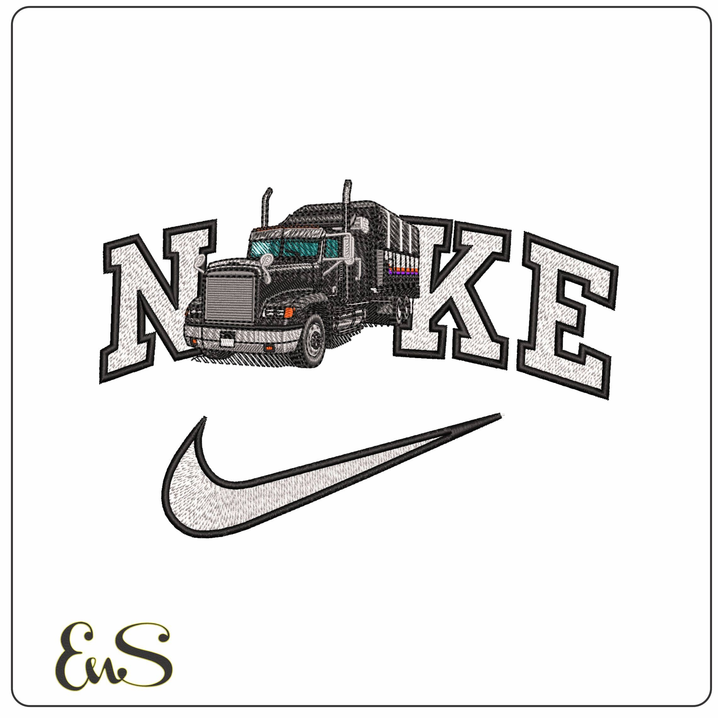 Nike Freightliner Truck Black with Trailer   - Elegant embroidery design file-instant download