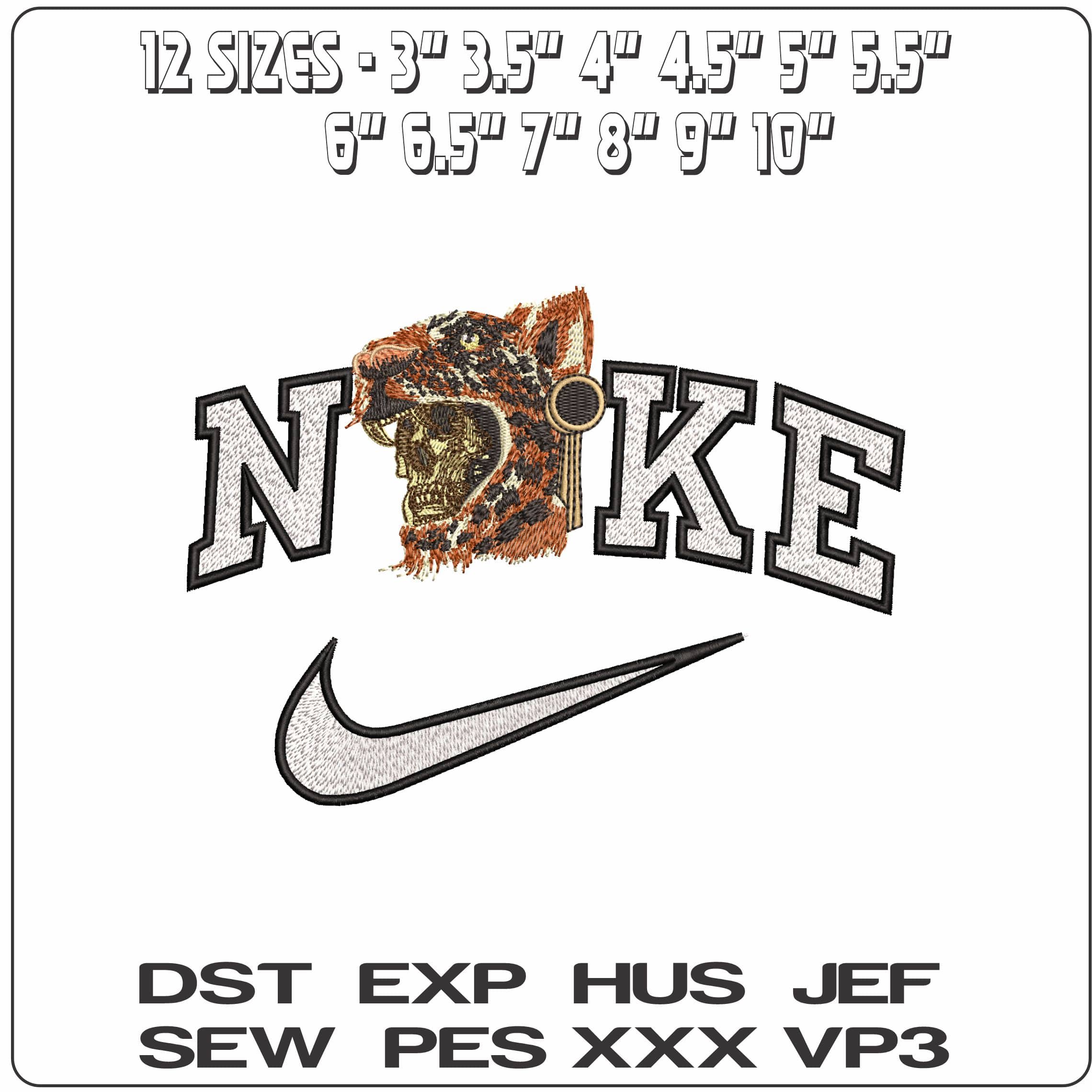 Nike Skull with Leopard Headdress  - Elegant embroidery design file-instant download — view 2