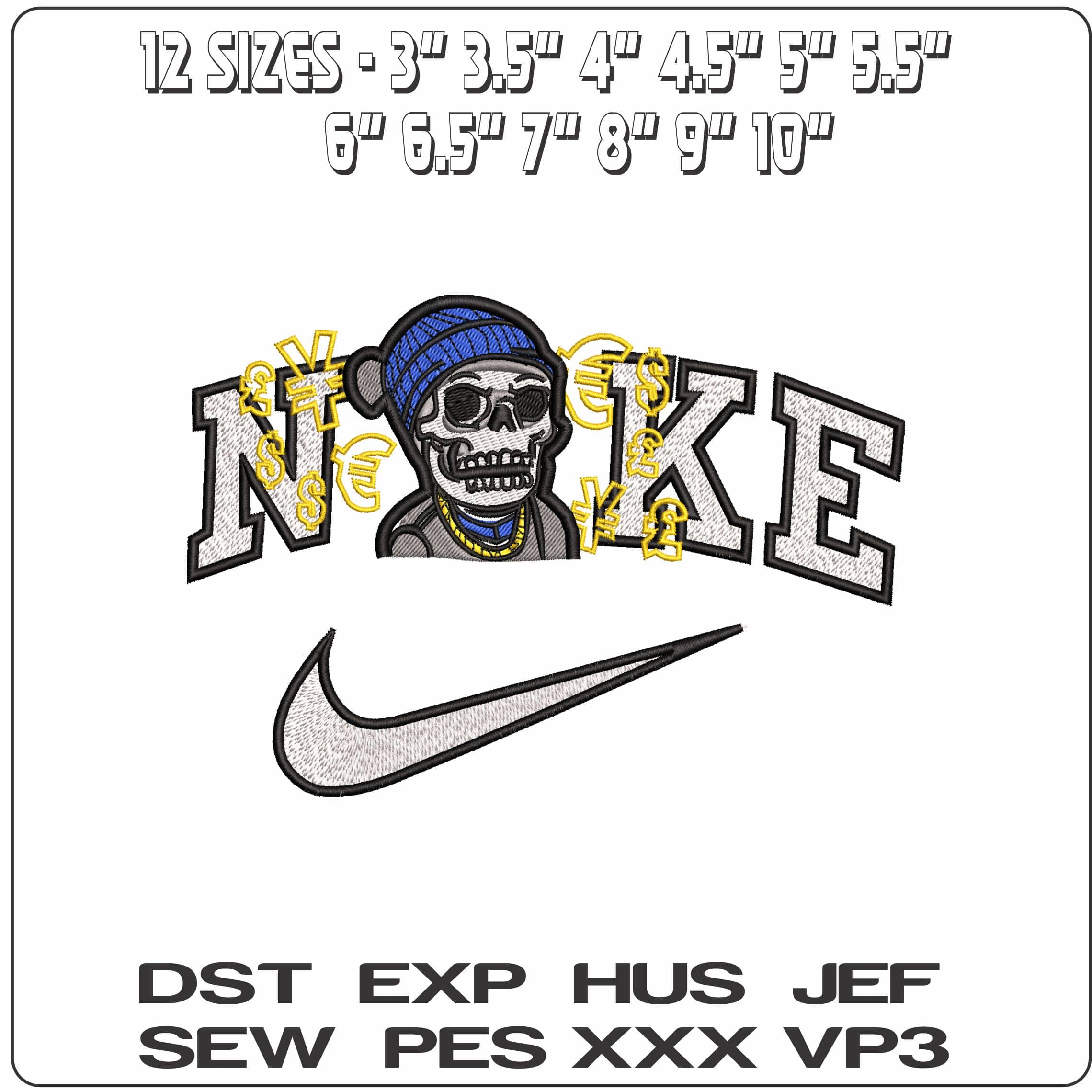 Nike Skulls In Beannie Money Signs  - Elegant embroidery design file-instant download — view 2