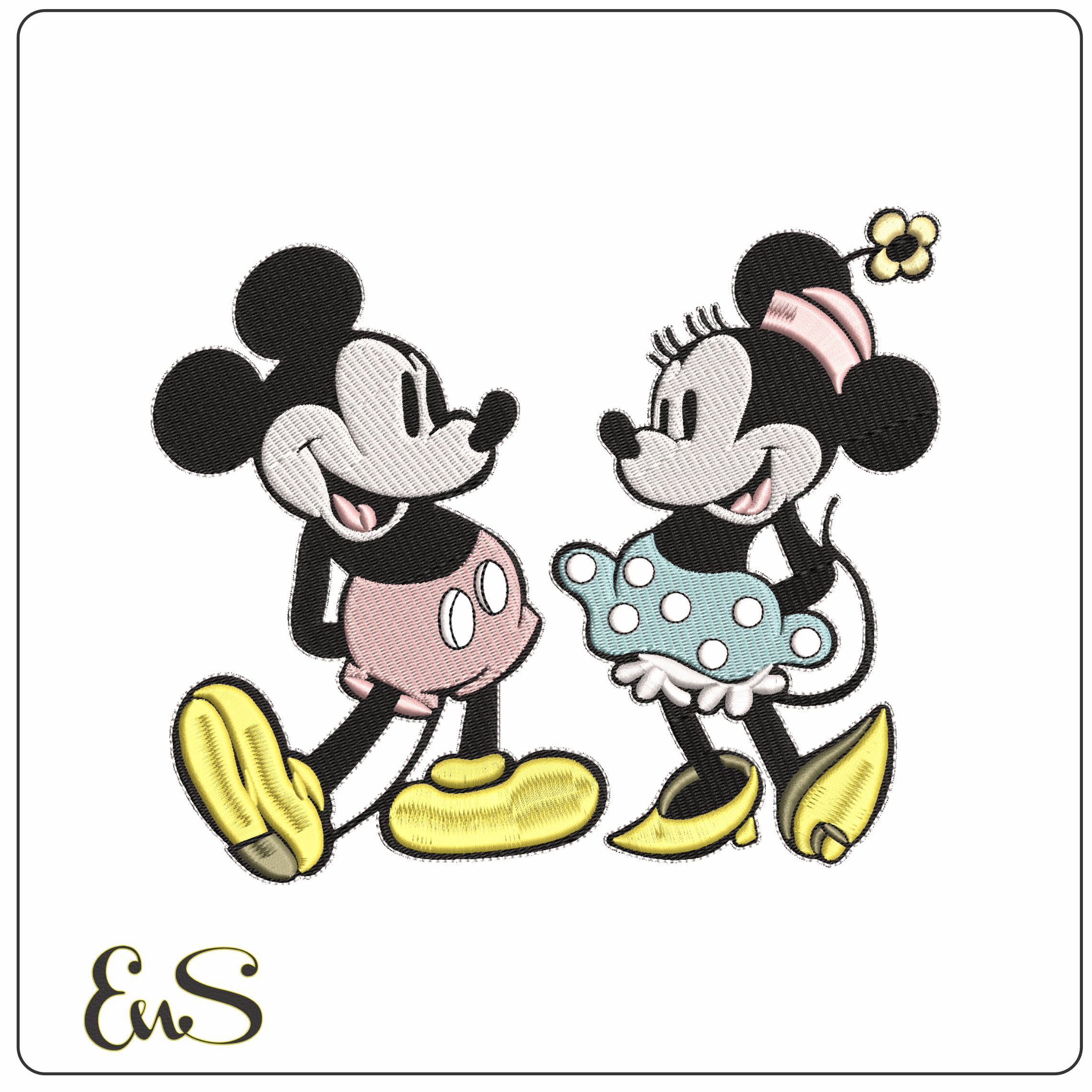 Old Fashion Mickey and Minnie Mouse  - Elegant embroidery design file-instant download