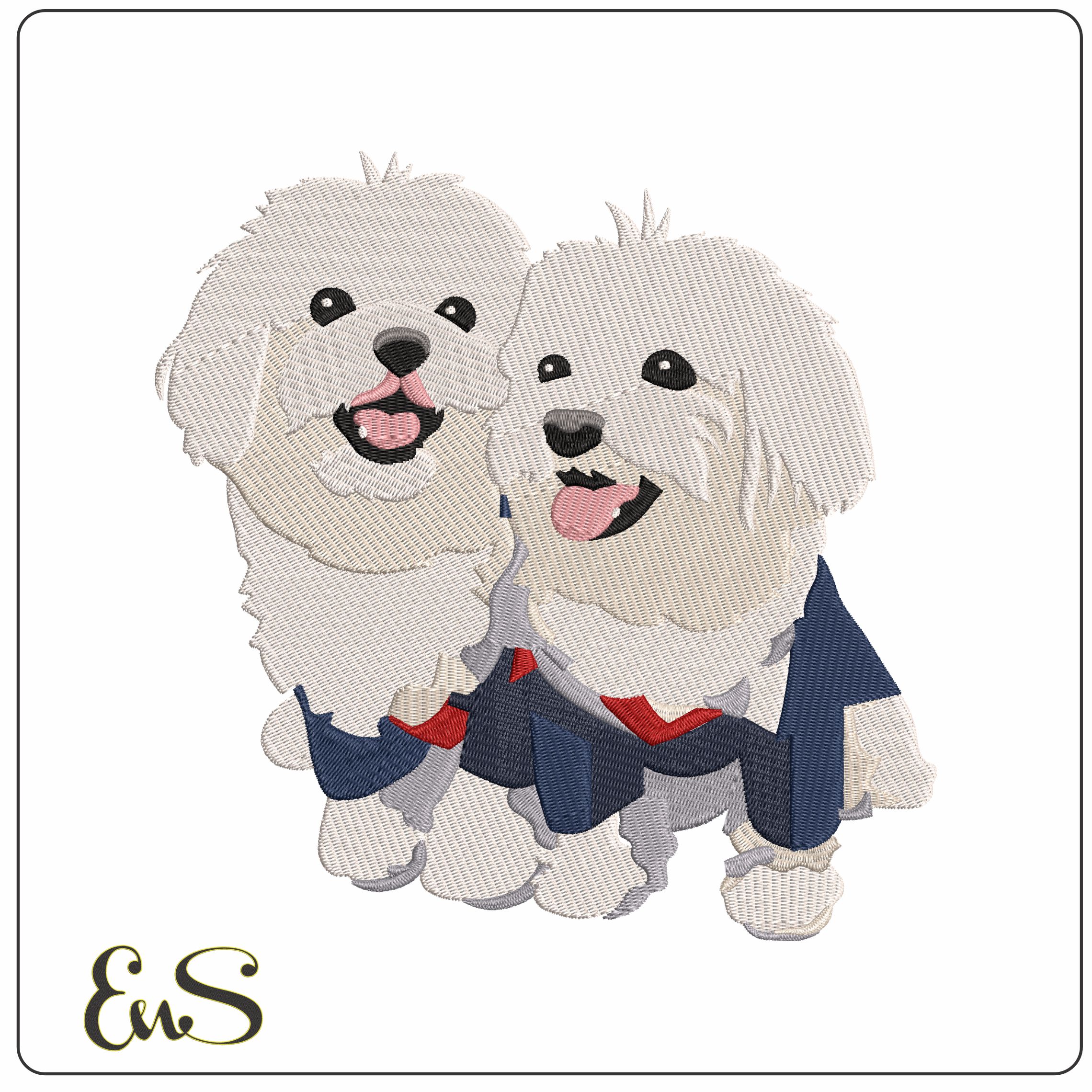 Pair of Maltese Dogs   - Elegant embroidery design file-instant download