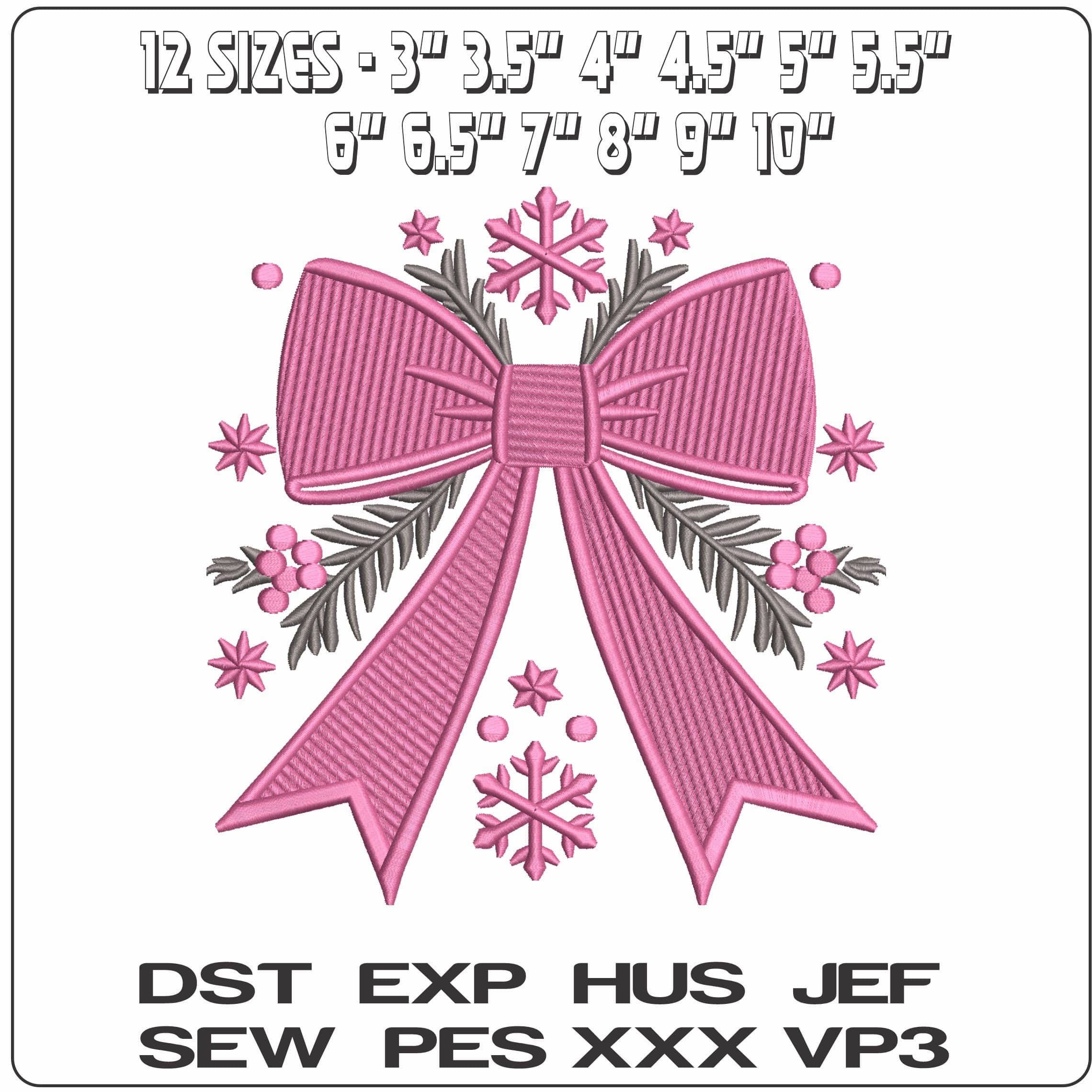 Pink Christmas Bow with Snow Flakes   - Elegant embroidery design file-instant download — view 2