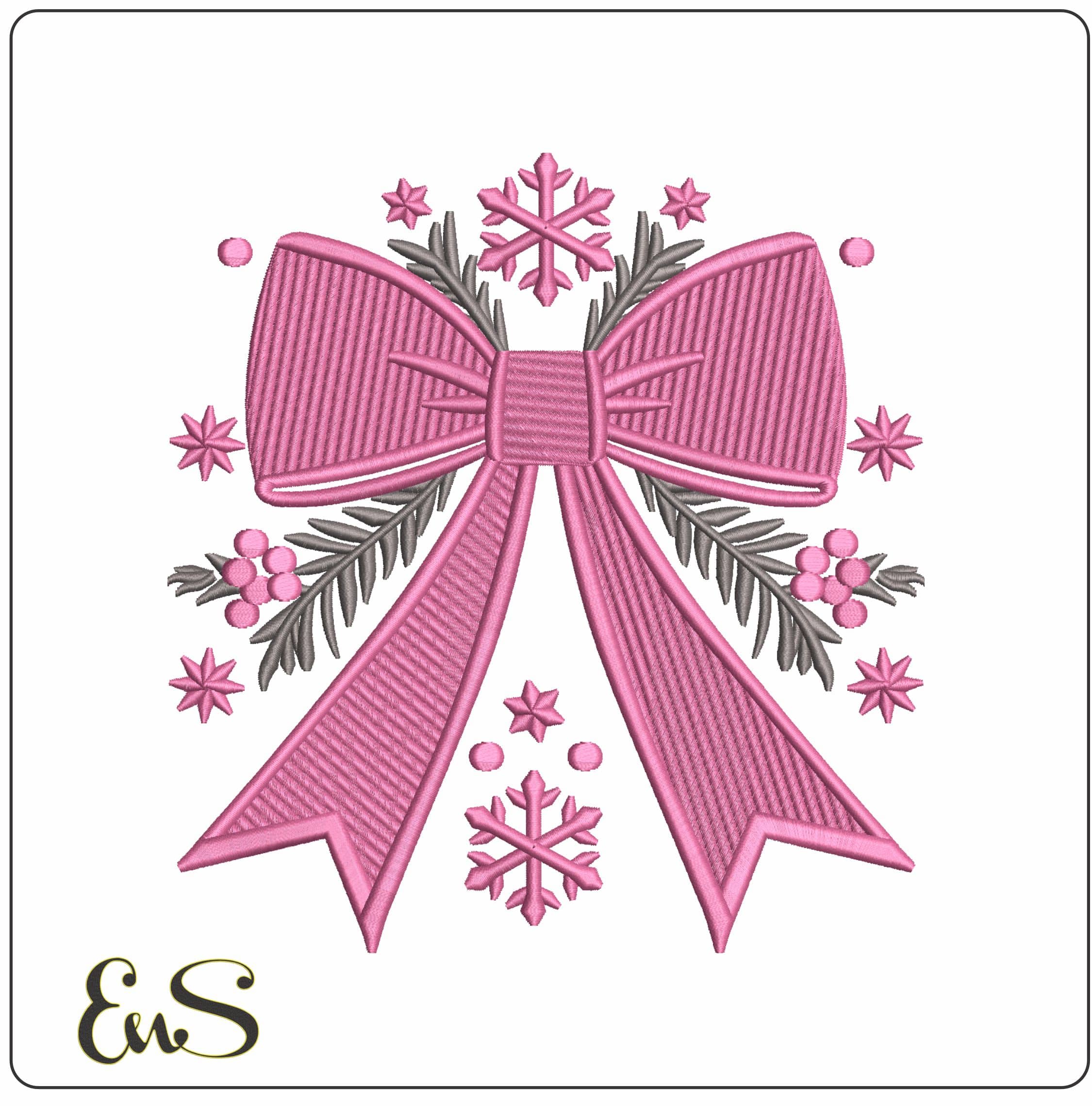 Pink Christmas Bow with Snow Flakes   - Elegant embroidery design file-instant download