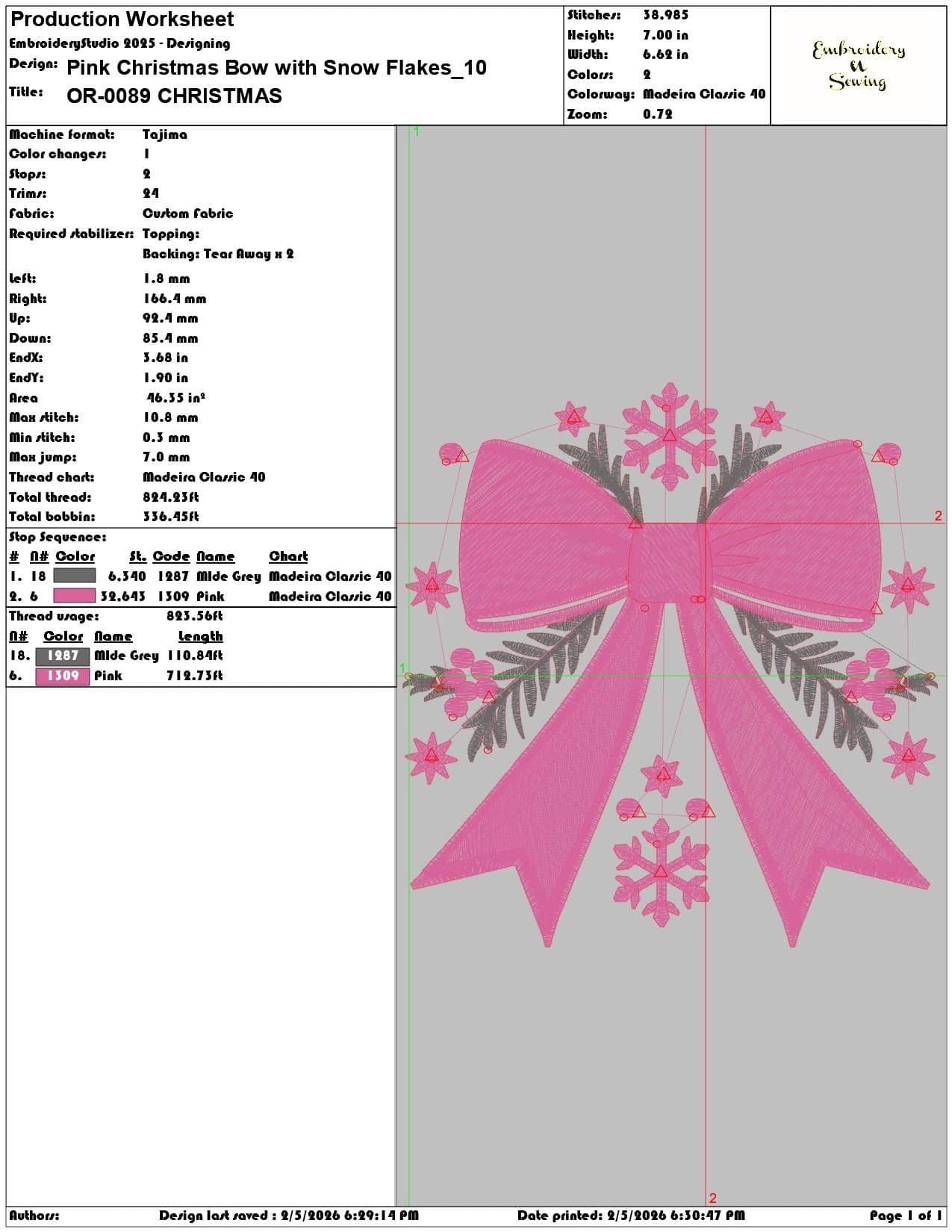 Pink Christmas Bow with Snow Flakes   - Elegant embroidery design file-instant download — view 3