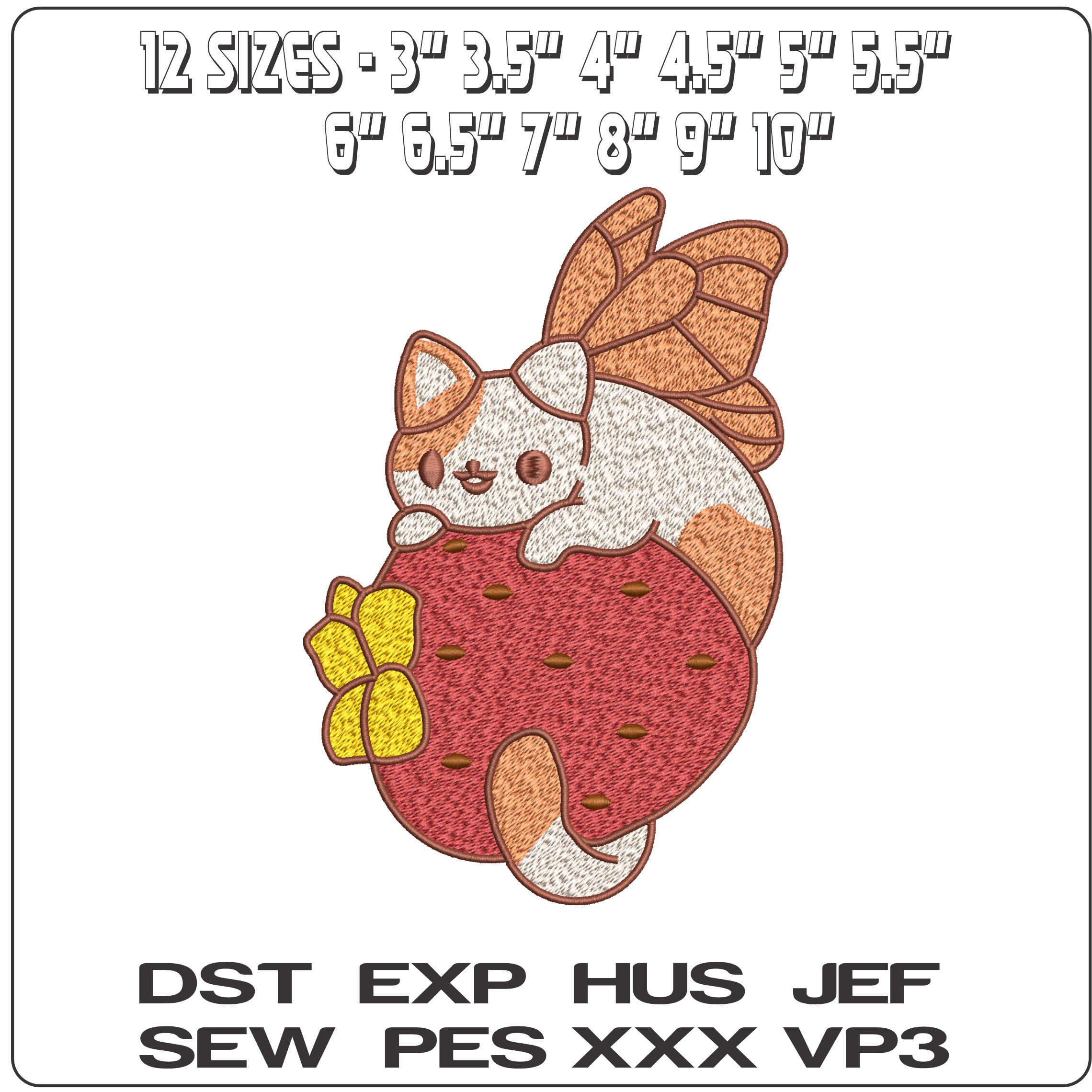Rihnlin Butterfly Cat on Strawberry   - Elegant embroidery design file-instant download — view 2