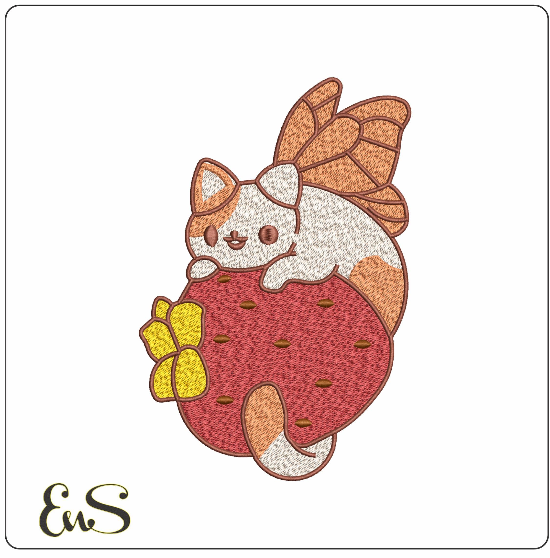 Rihnlin Butterfly Cat on Strawberry   - Elegant embroidery design file-instant download