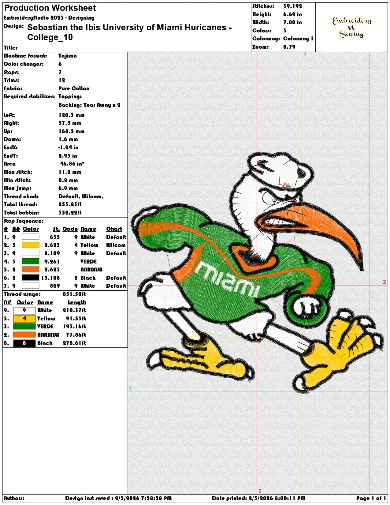 Sebastian the Ibis University of Miami Huricanes College  - Elegant embroidery design file-instant download — view 3