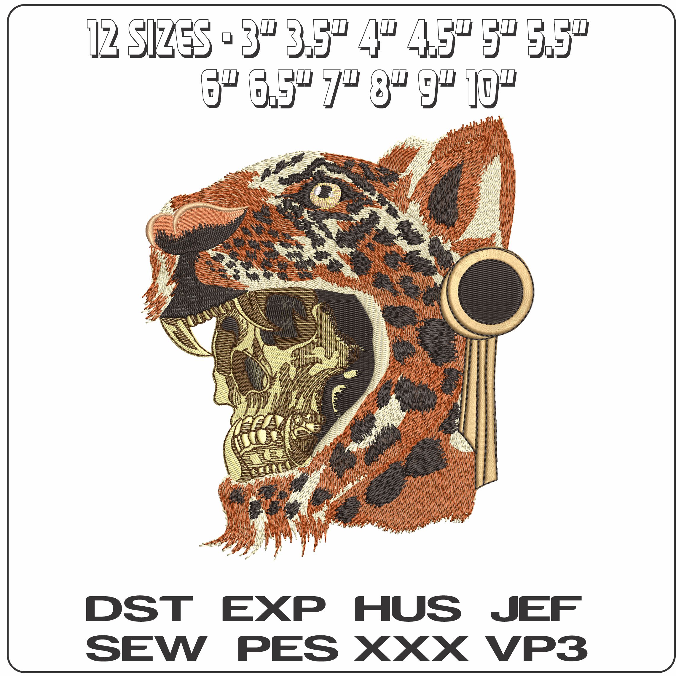 Skull with Leopard Headdress  - Elegant embroidery design file-instant download — view 2