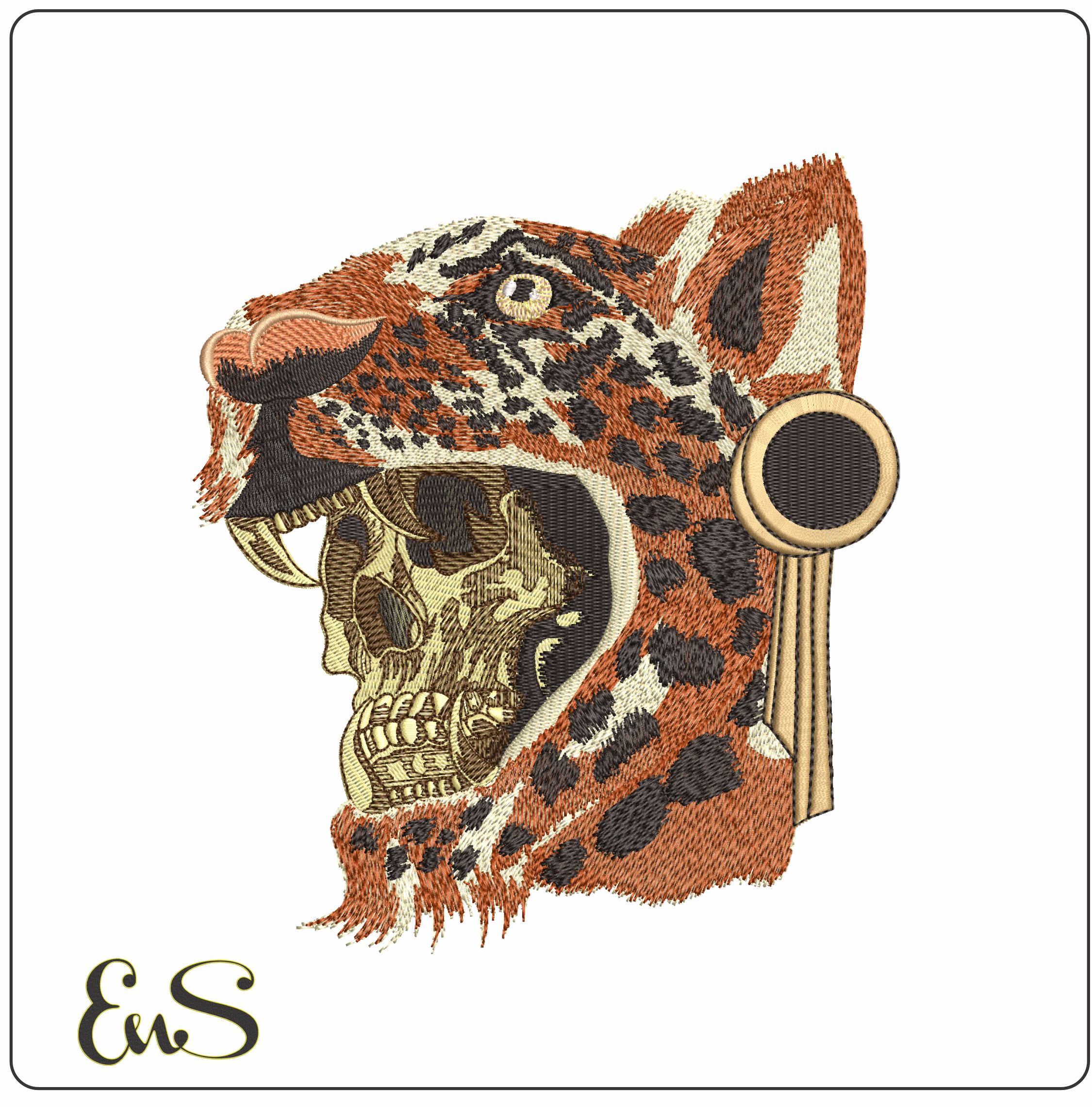 Skull with Leopard Headdress  - Elegant embroidery design file-instant download