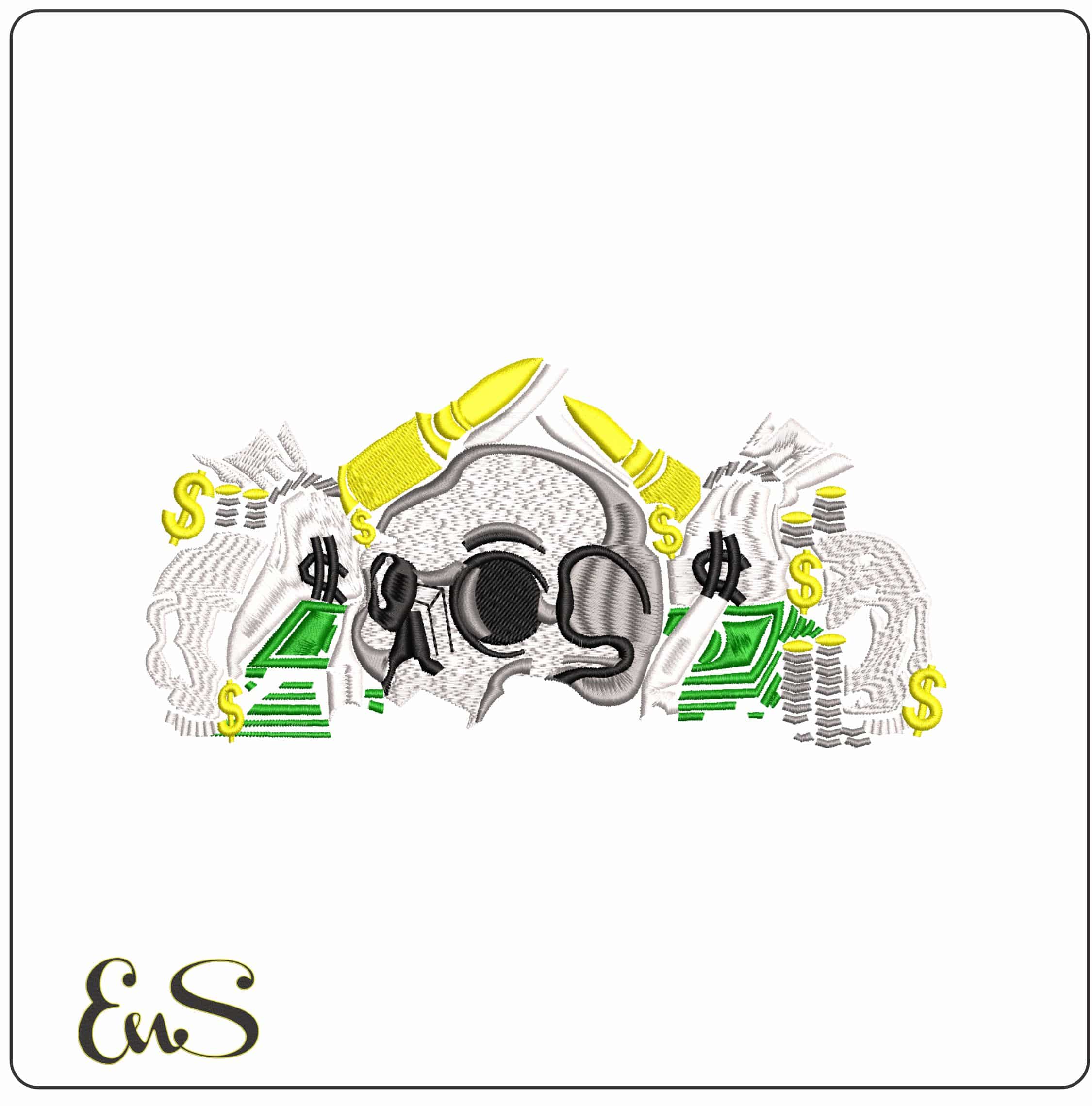 Skulls Bullets and Money  - Elegant embroidery design file-instant download