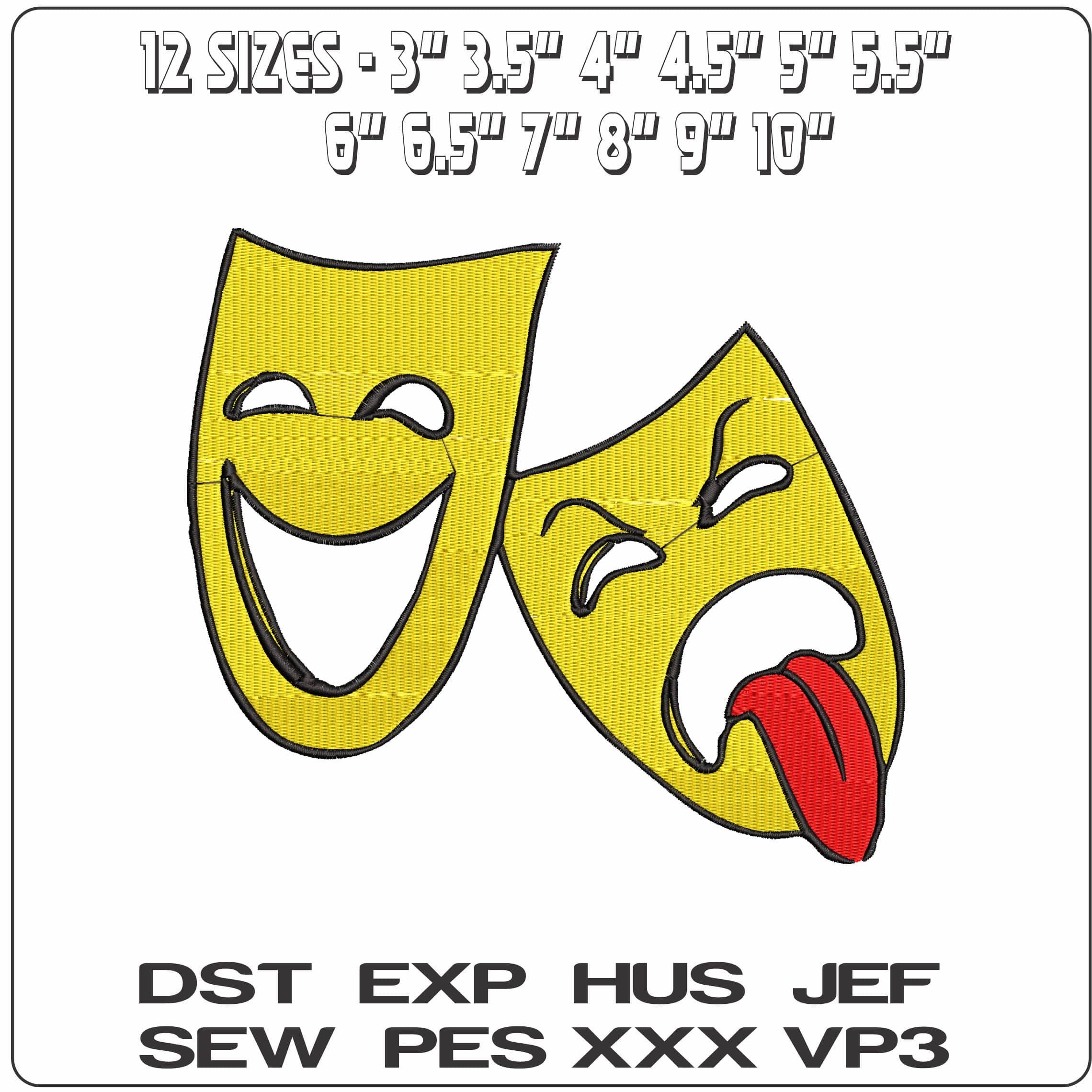 Smiling and Sad Mask  - Elegant embroidery design file-instant download — view 2