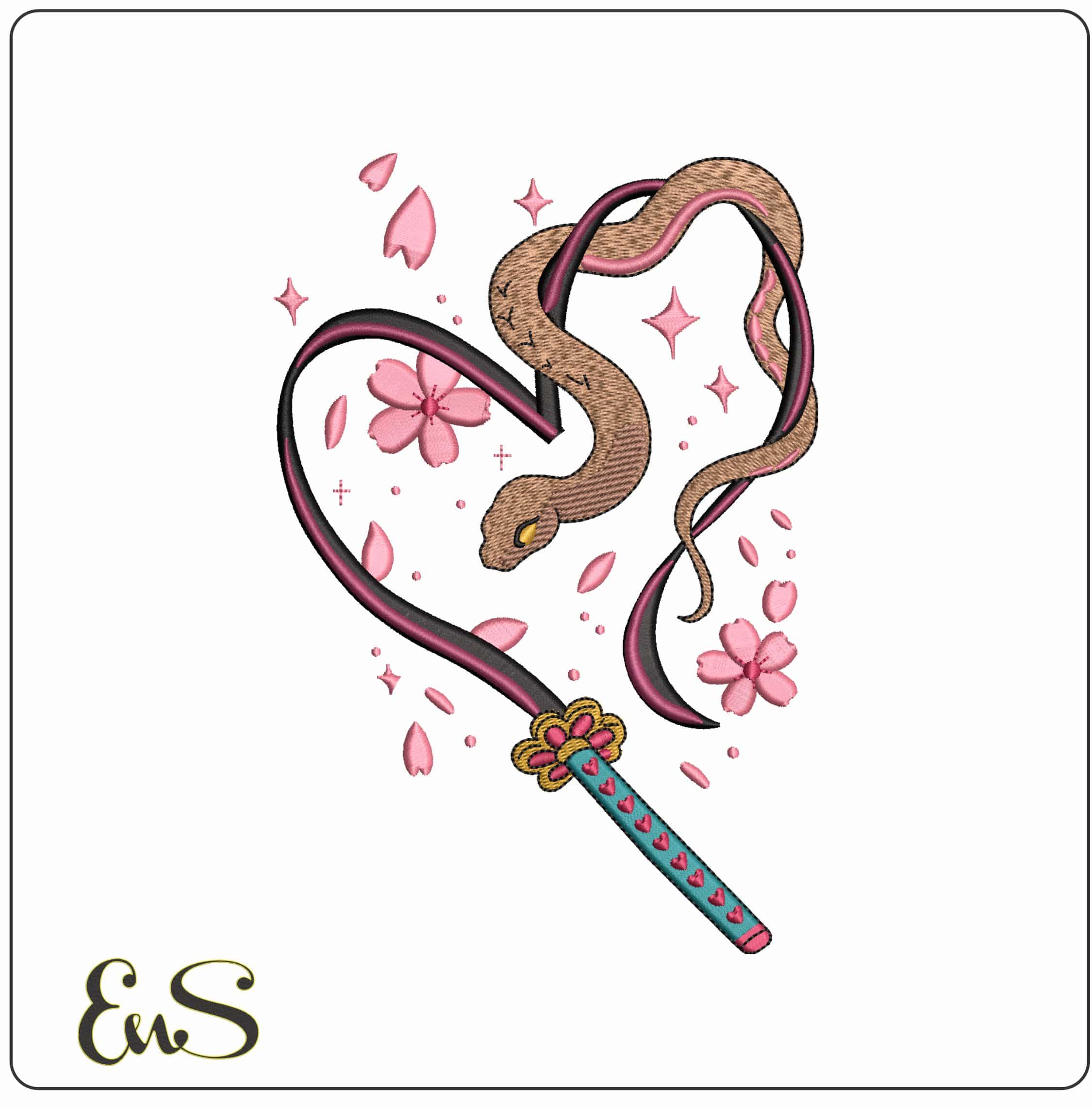 Snake on a Sword heart Anime  - Elegant embroidery design file-instant download