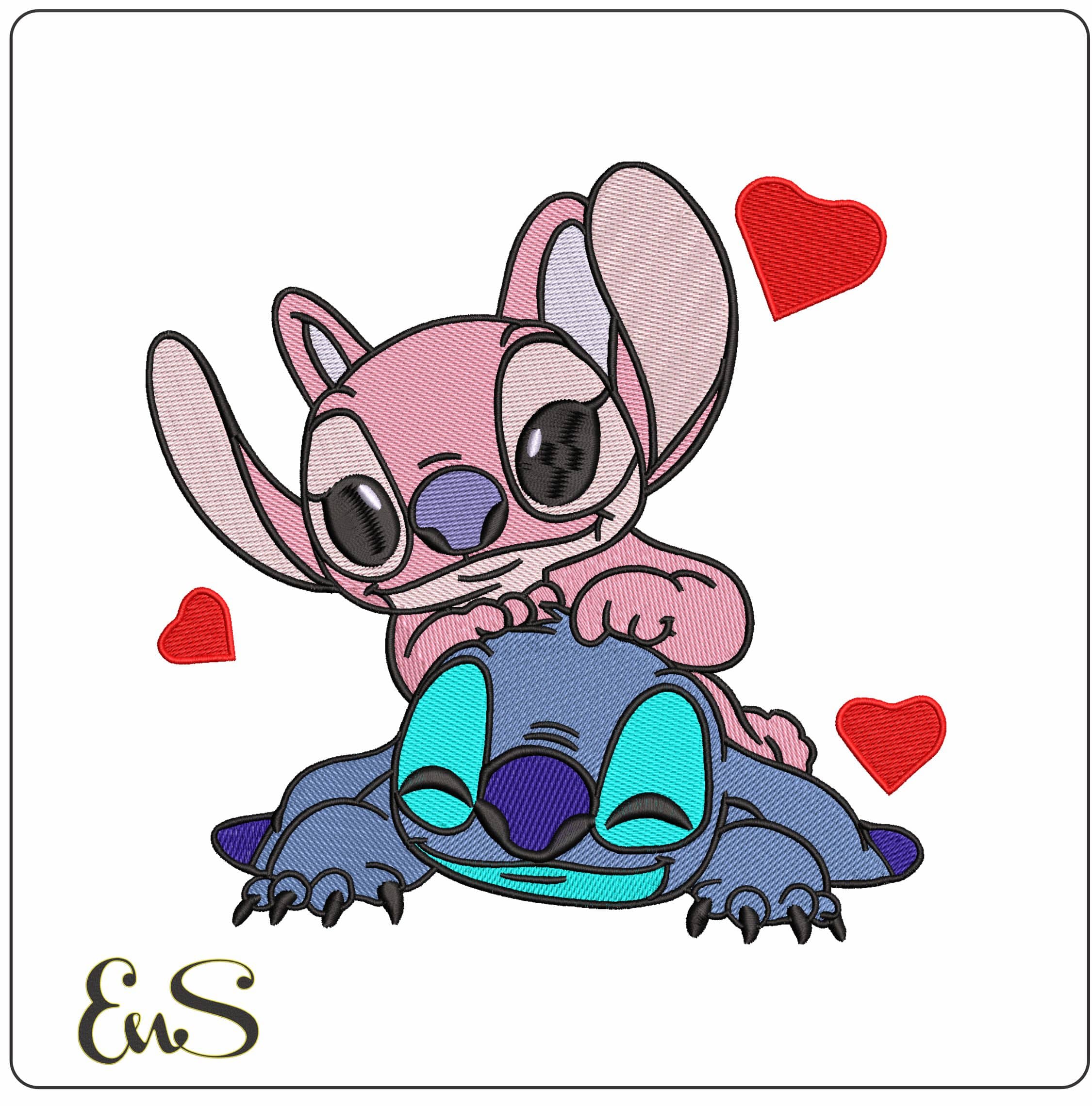Stitch and Angel love and Cuddles  - Elegant embroidery design file-instant download