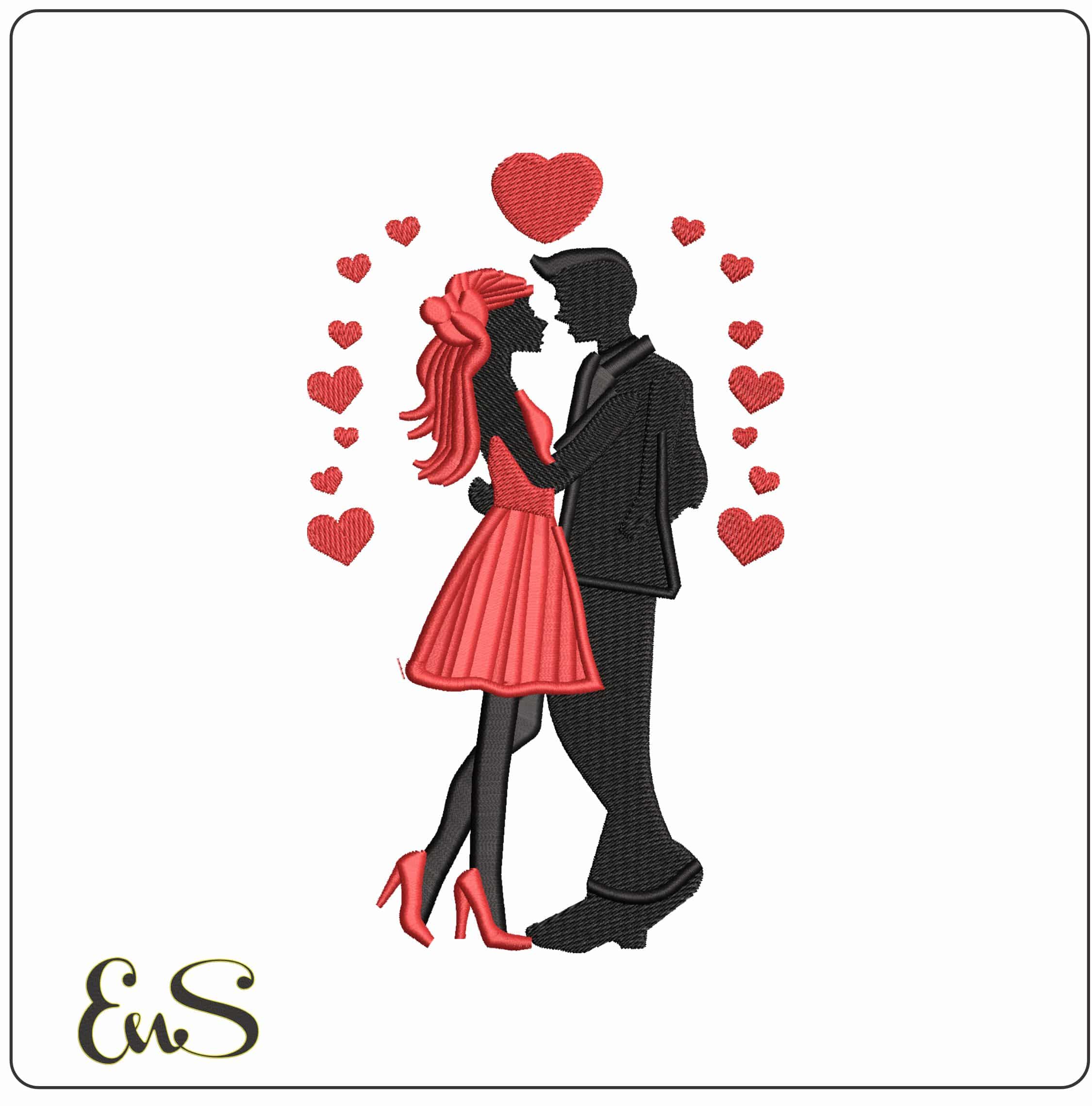 Valentine Couple with Hearts   - Elegant embroidery design file-instant download