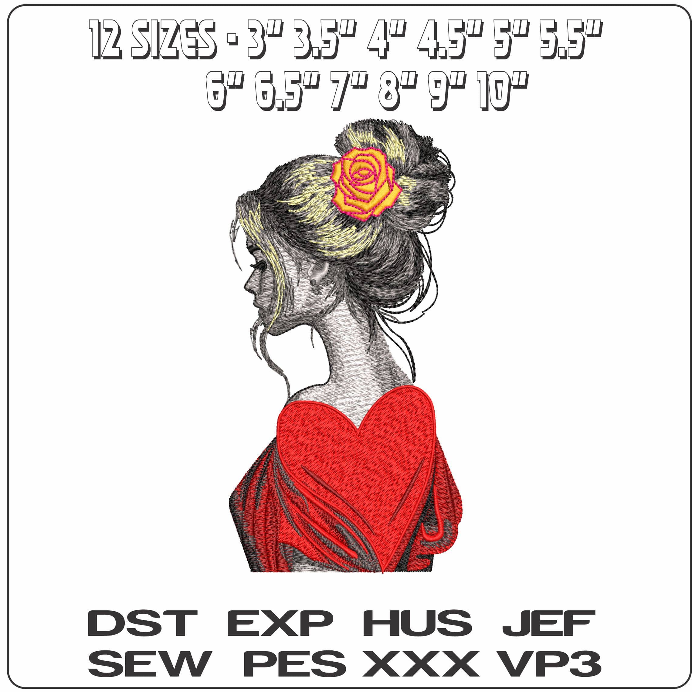 Valentines Elegant Lady with rose in hair   - Elegant embroidery design file-instant download — view 2