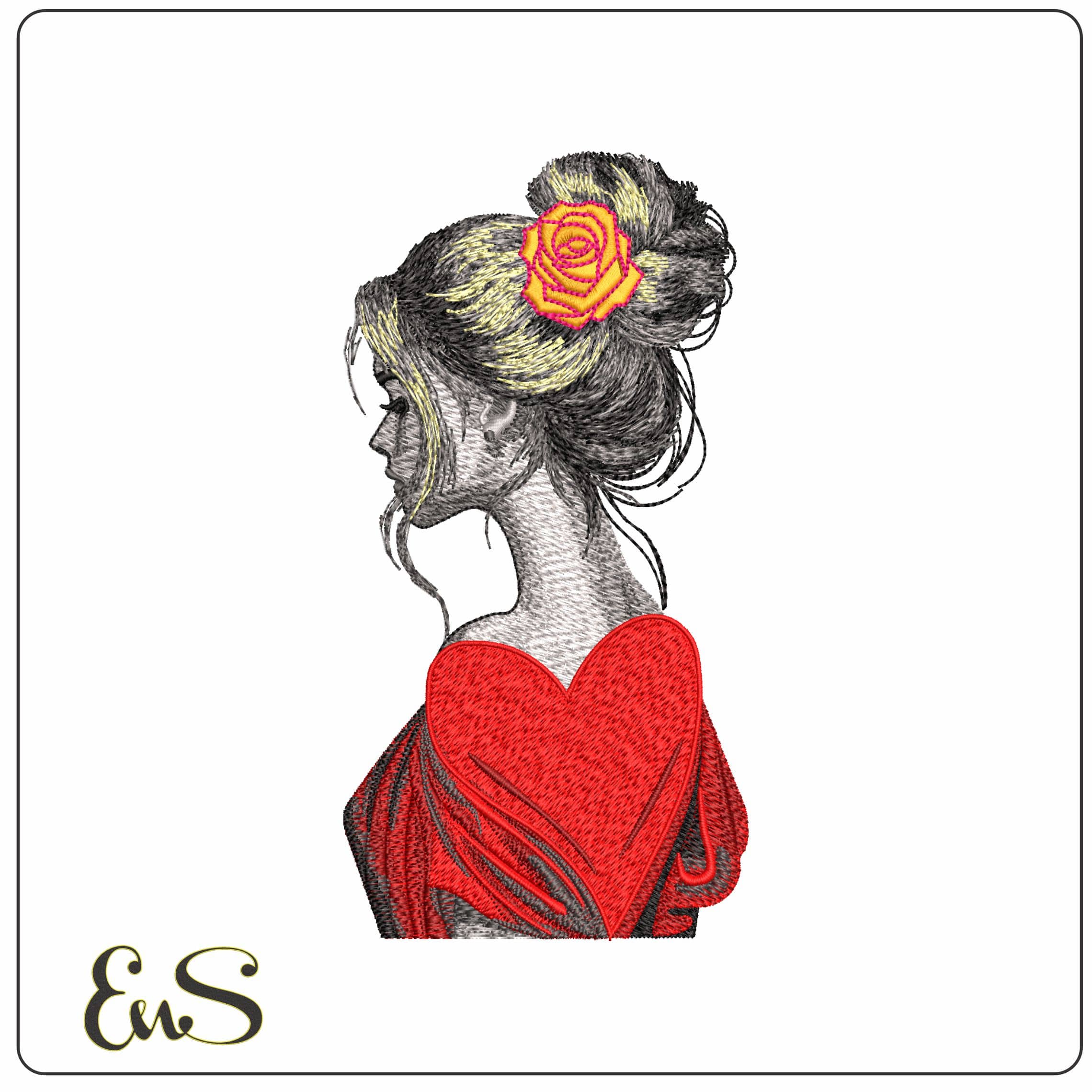 Valentines Elegant Lady with rose in hair   - Elegant embroidery design file-instant download