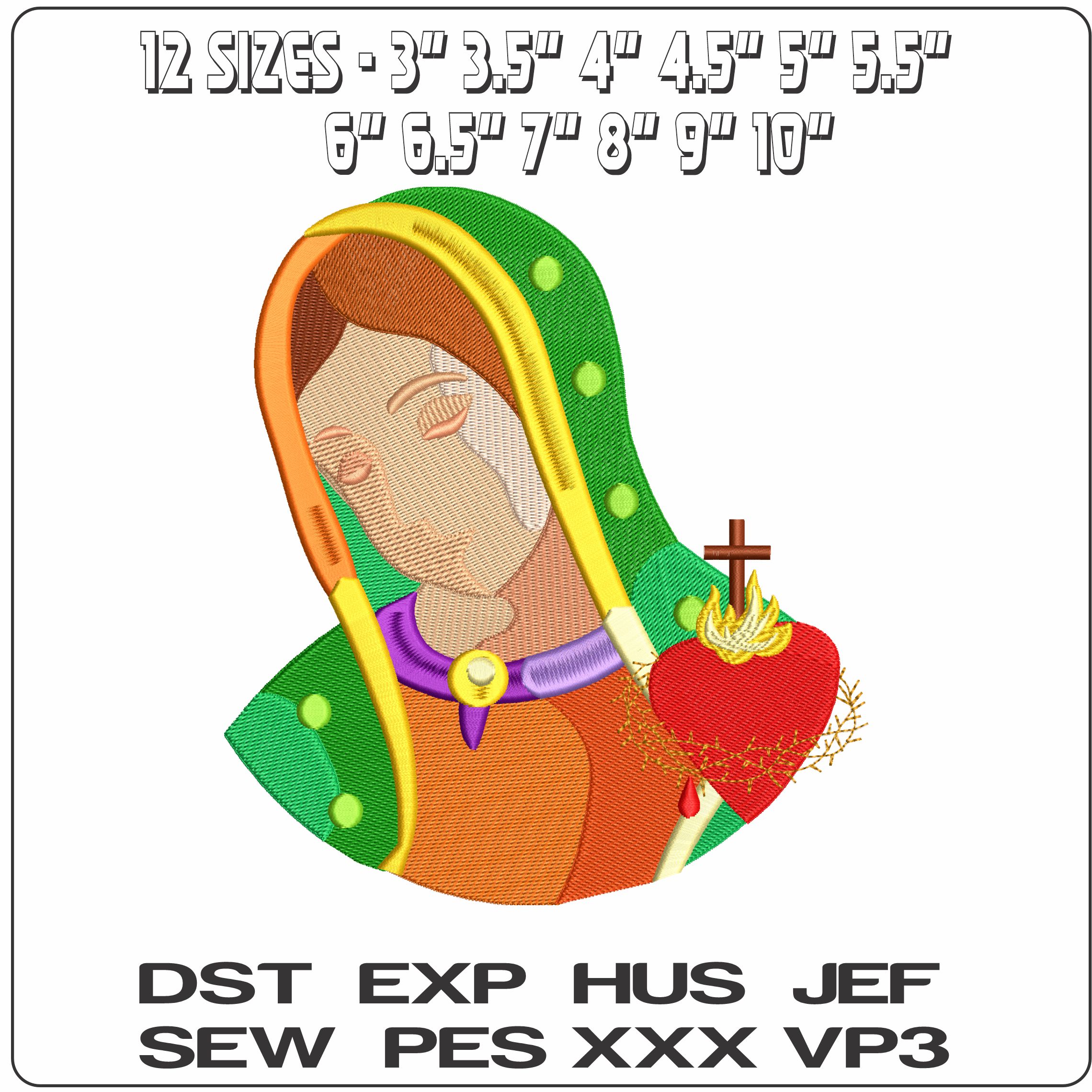 Virgin Mary head with broken heart   - Elegant embroidery design file-instant download — view 2