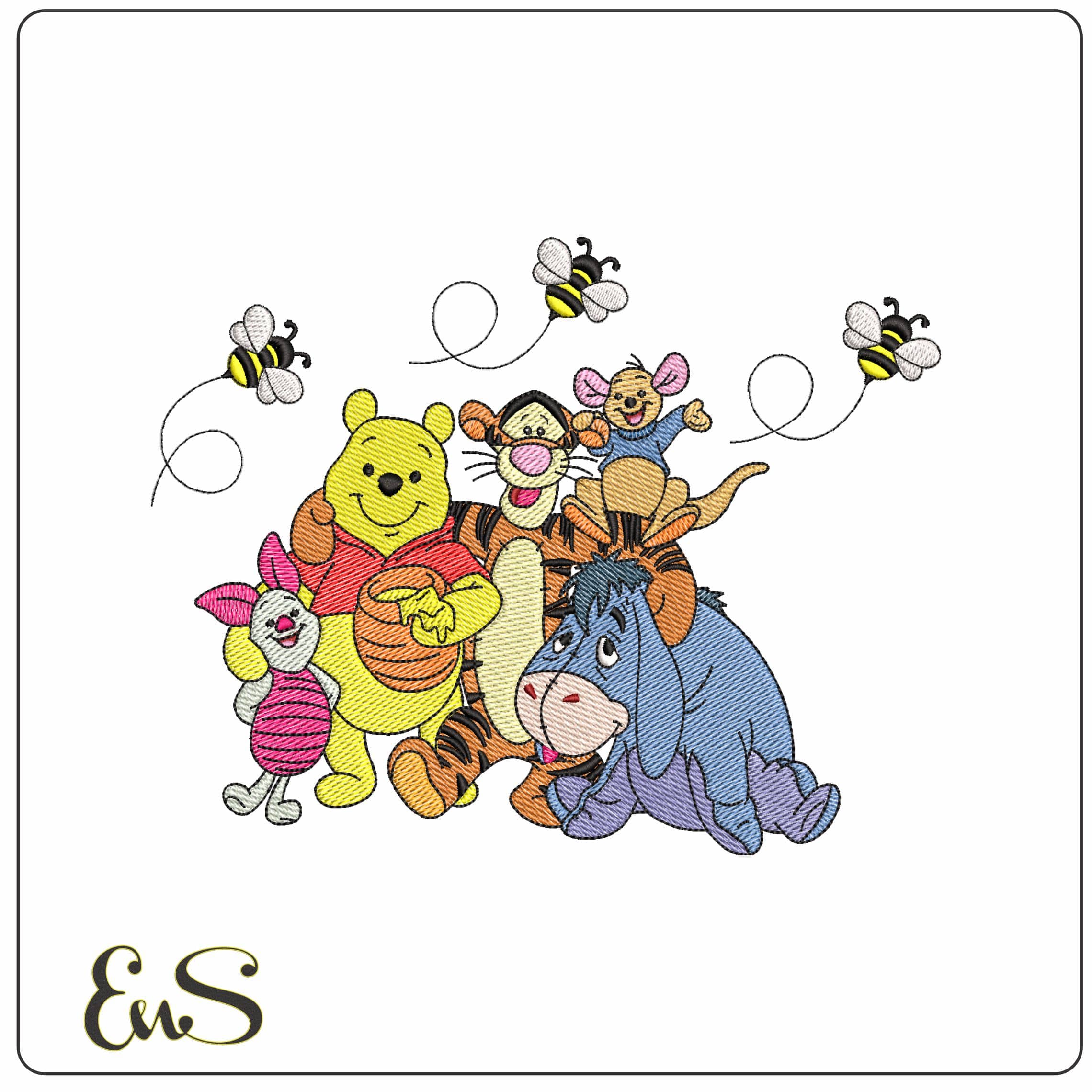 Winnie the Pooh and friends with Bees  - Elegant embroidery design file-instant download