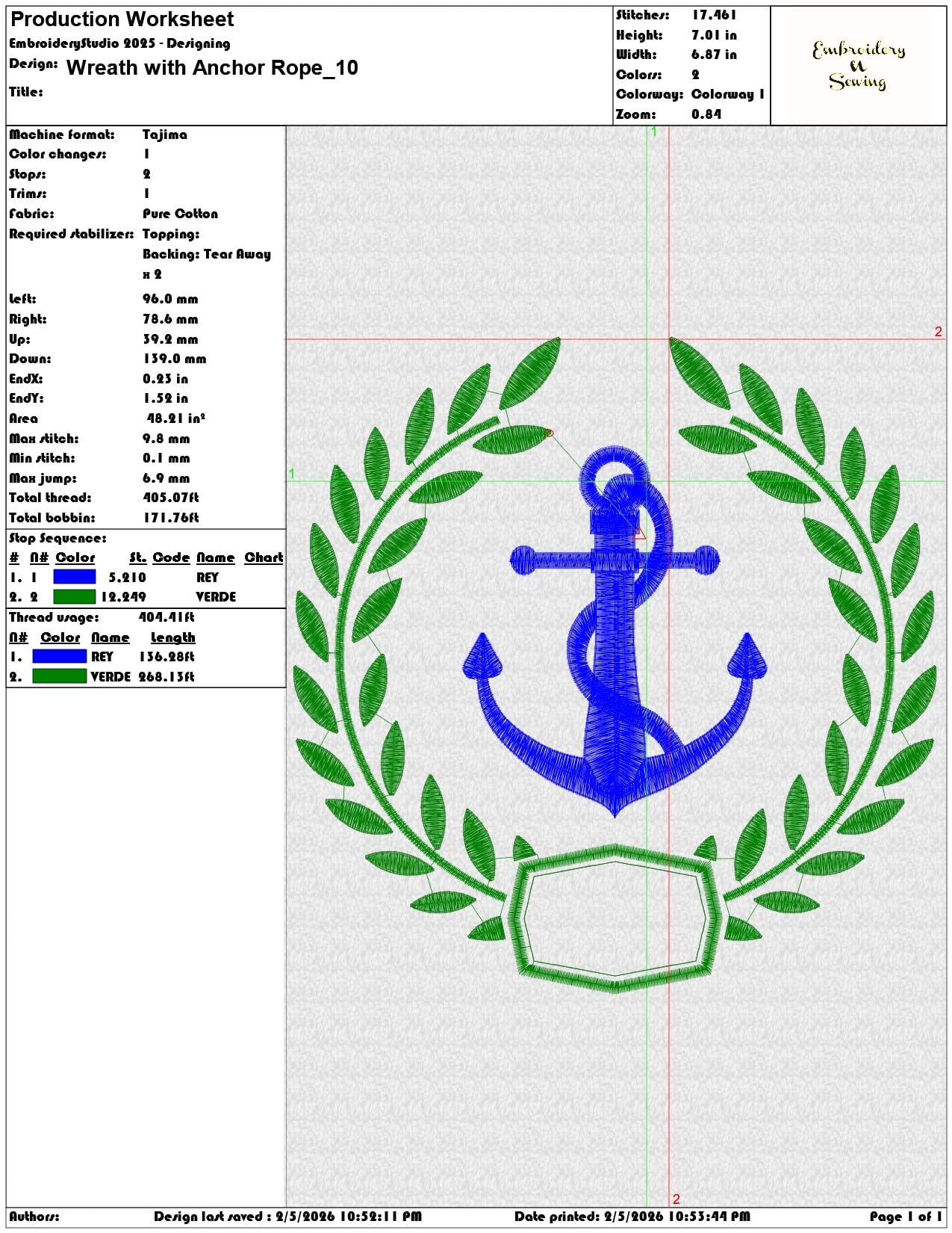 Wreath with Anchor Rope   - Elegant embroidery design file-instant download — view 3