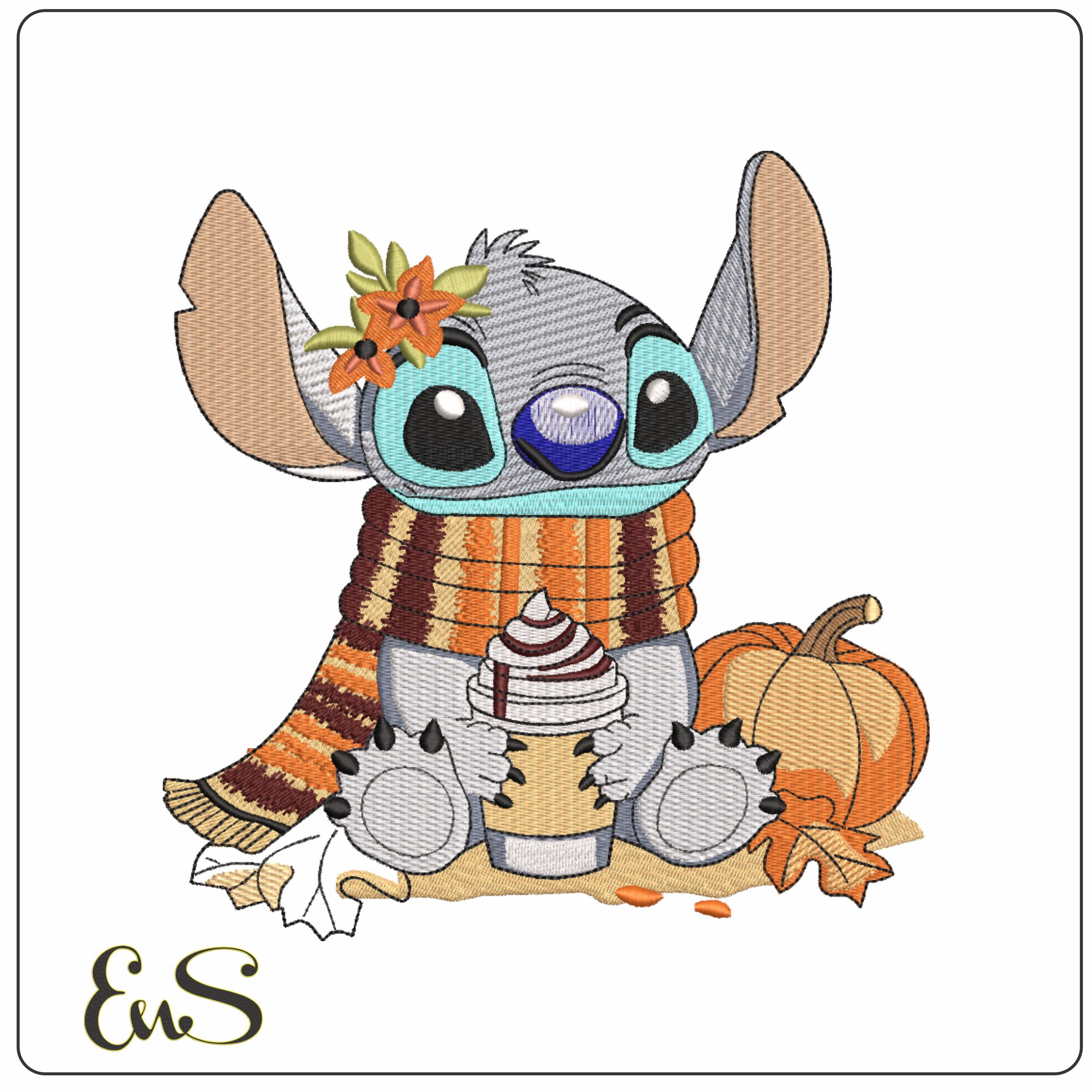Halloween Stitch with Fall Drink Lilo and Stitch - Elegant embroidery design file-instant download