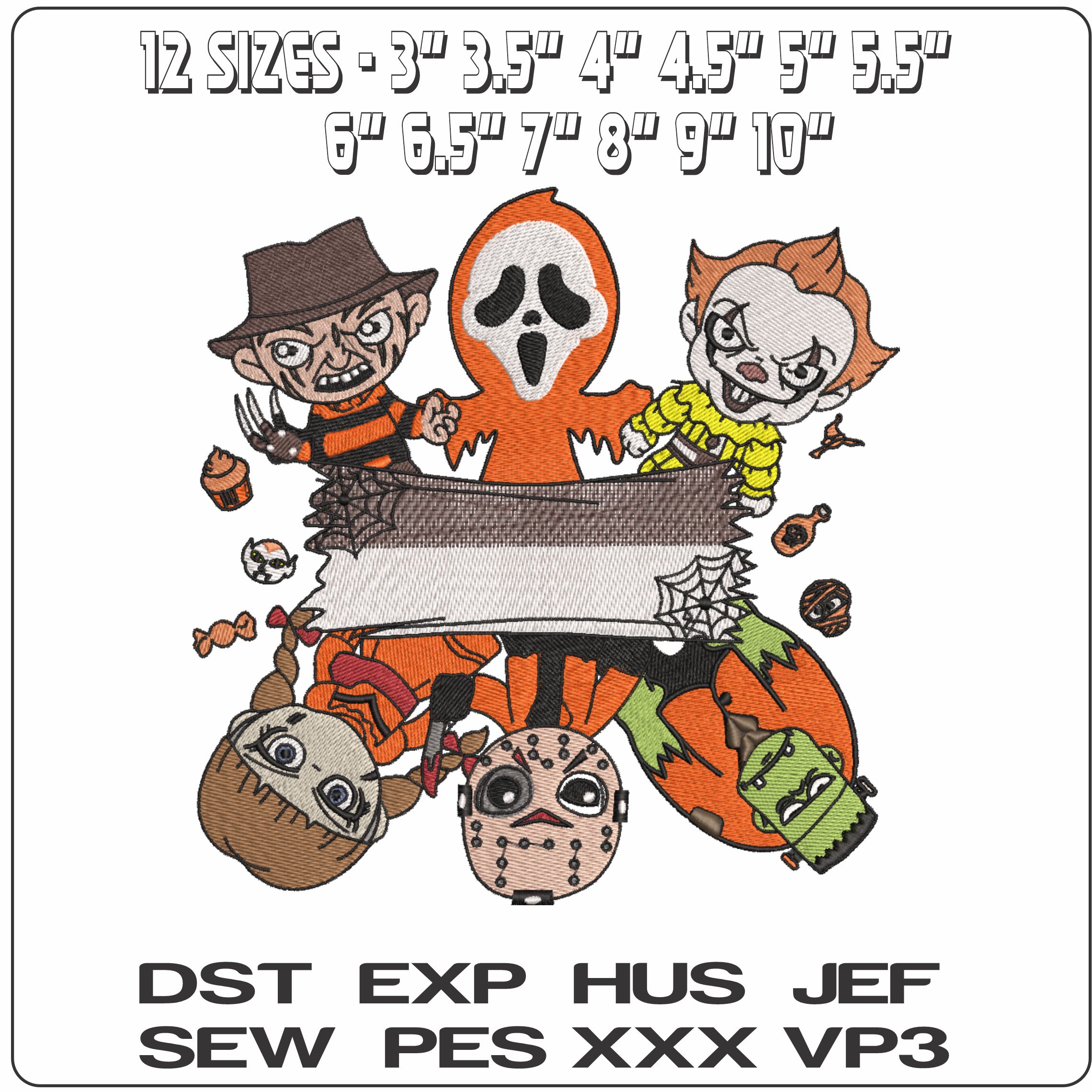 Halloween Characters Cartoons with place for Name - Elegant embroidery design file-instant download — view 2