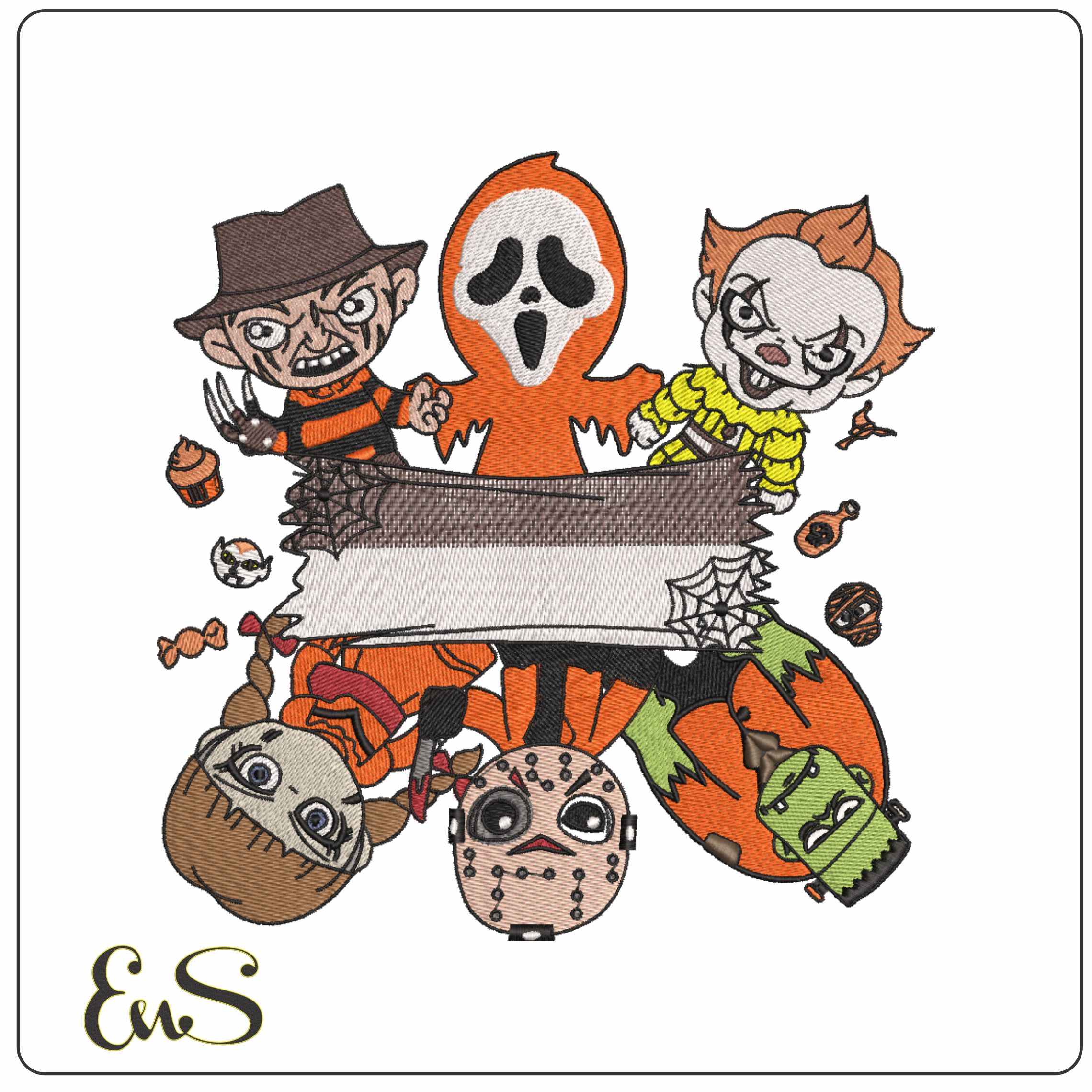 Halloween Characters Cartoons with place for Name - Elegant embroidery design file-instant download