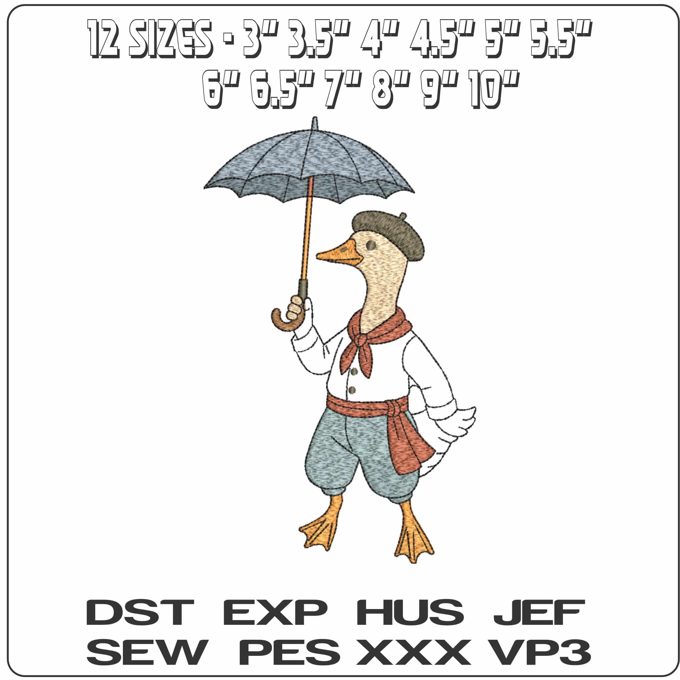 Duck in Beret with Umbrella  - Elegant embroidery design file-instant download — view 2