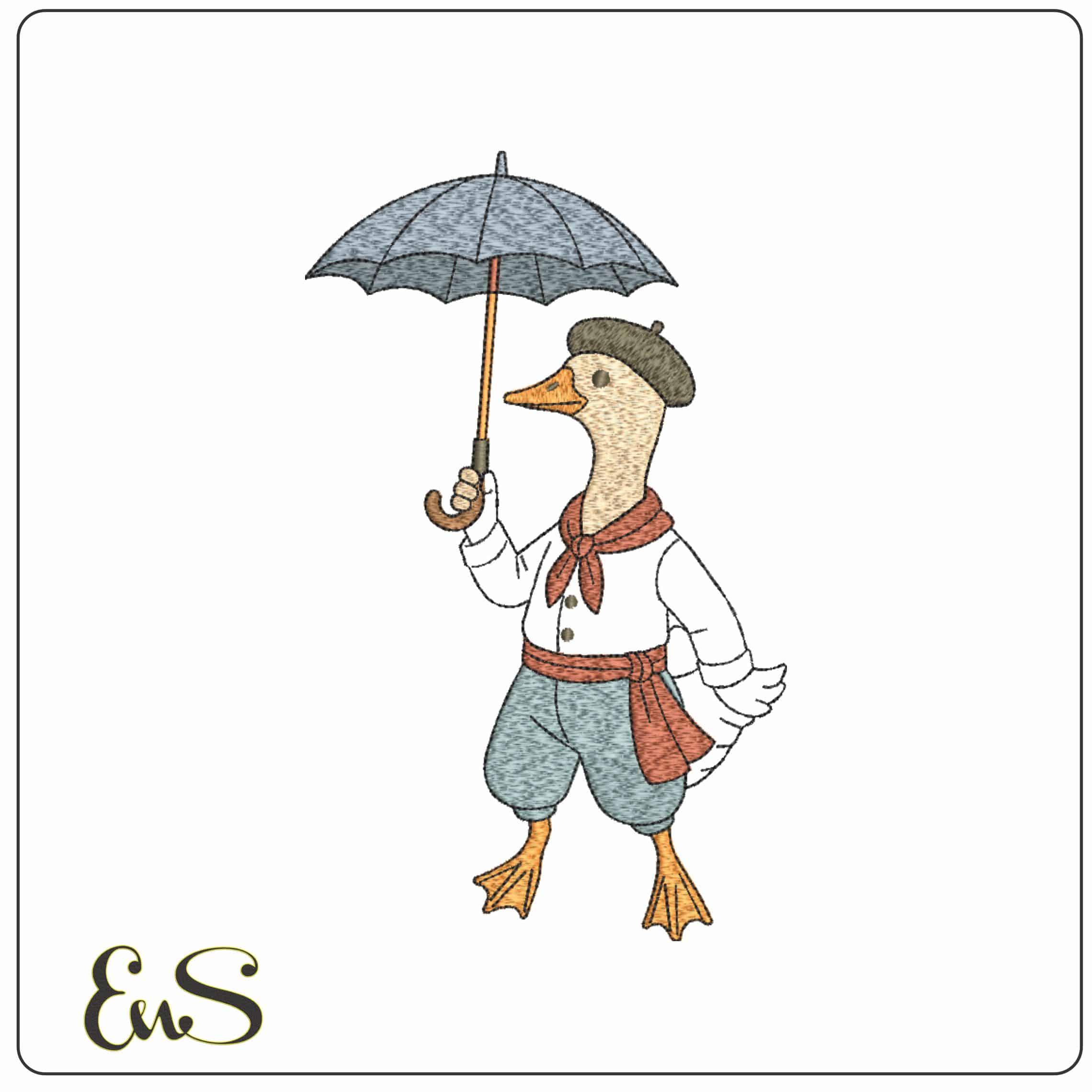 Duck in Beret with Umbrella  - Elegant embroidery design file-instant download