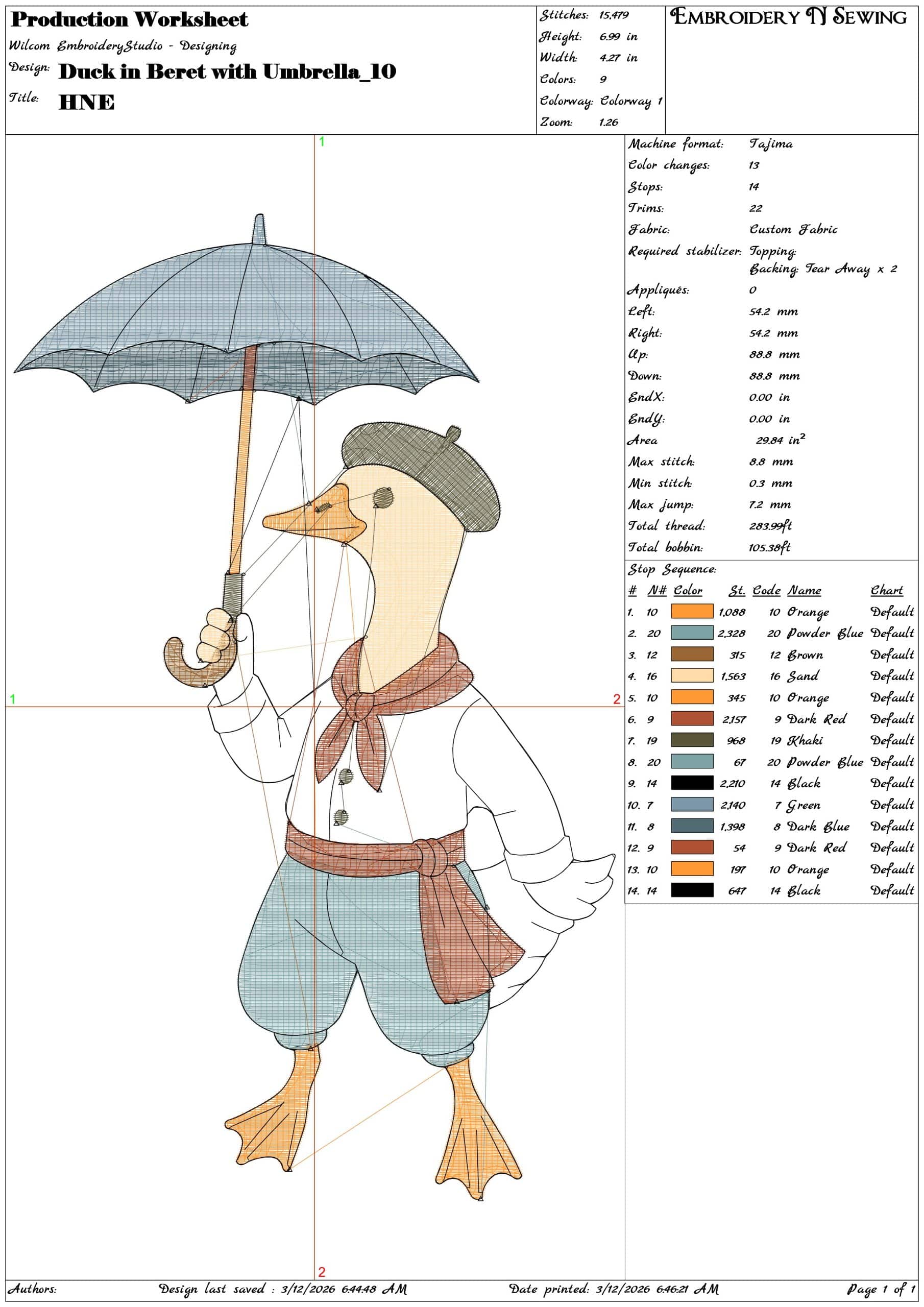 Duck in Beret with Umbrella  - Elegant embroidery design file-instant download — view 3