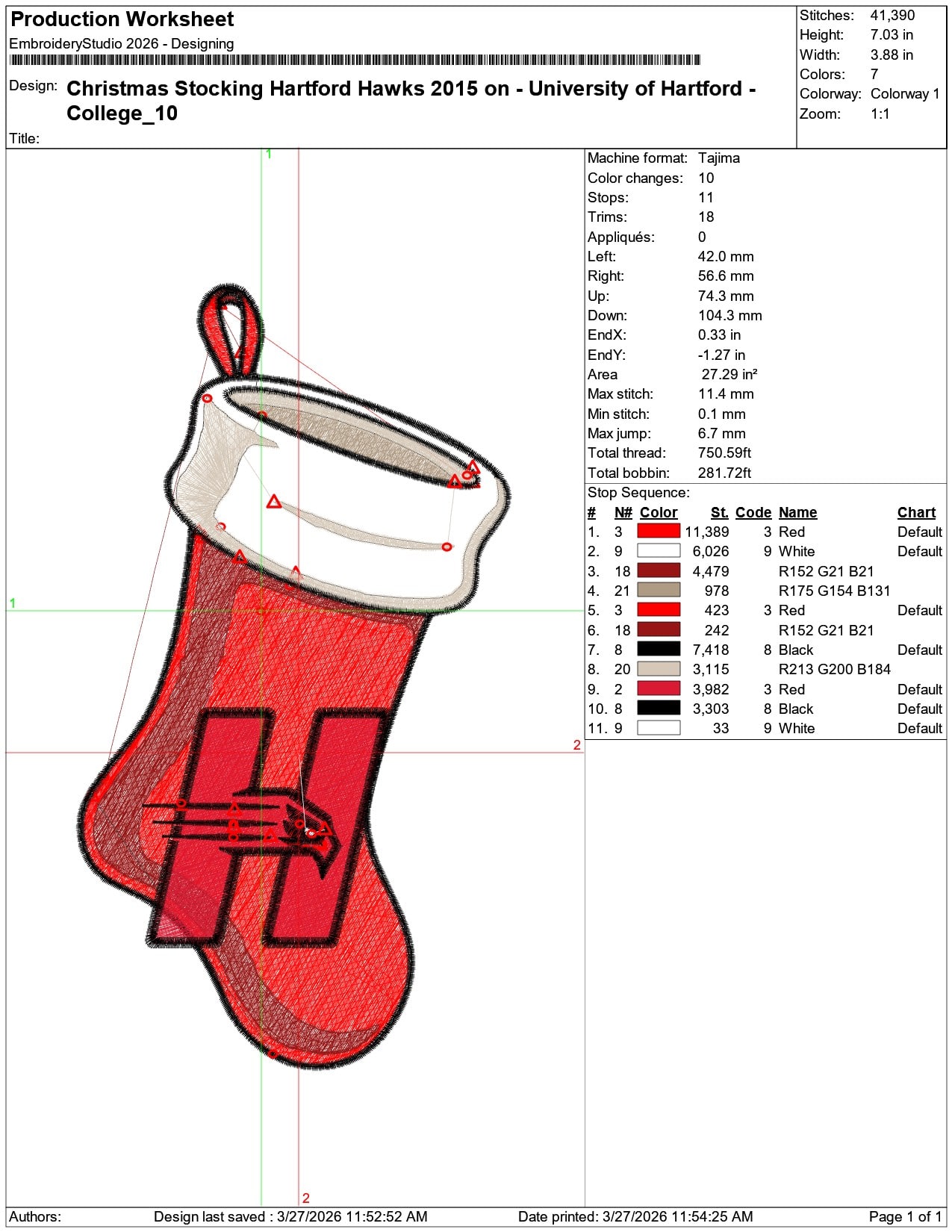 Christmas Stocking Hartford Hawks 2015 on University    - Elegant embroidery design file-instant download — view 3