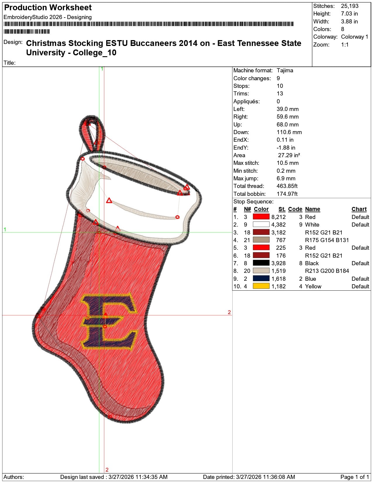 Christmas Stocking ESTU Buccaneers 2014  Tennessee University    - Elegant embroidery design file-instant download — view 3