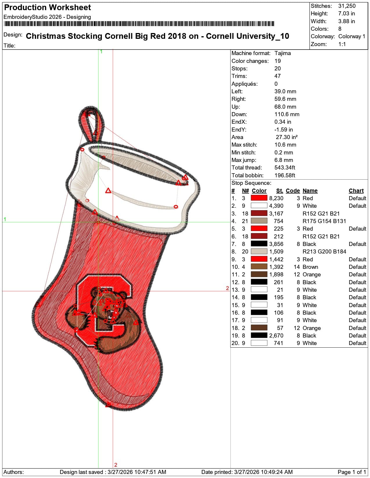 Christmas Stocking Cornell Big Red 2018  University     - Elegant embroidery design file-instant download — view 3