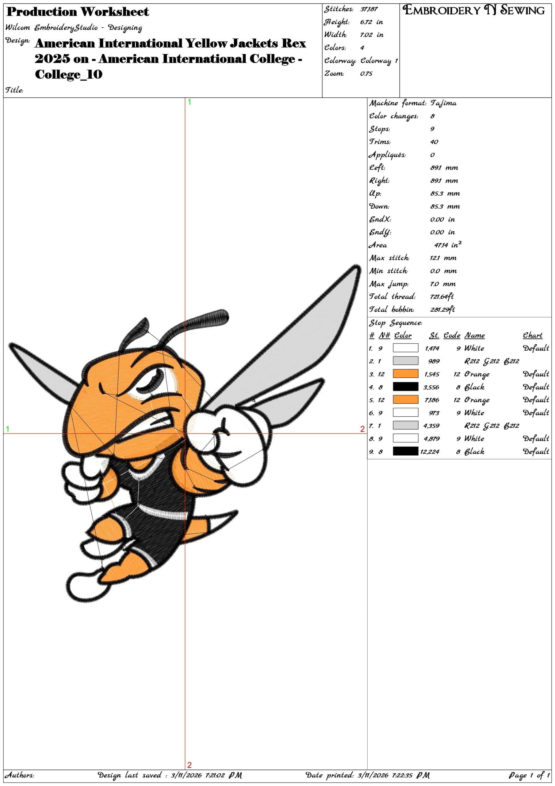 American International Yellow Jackets Rex 2025  American College    - Elegant embroidery design file-instant download — view 3