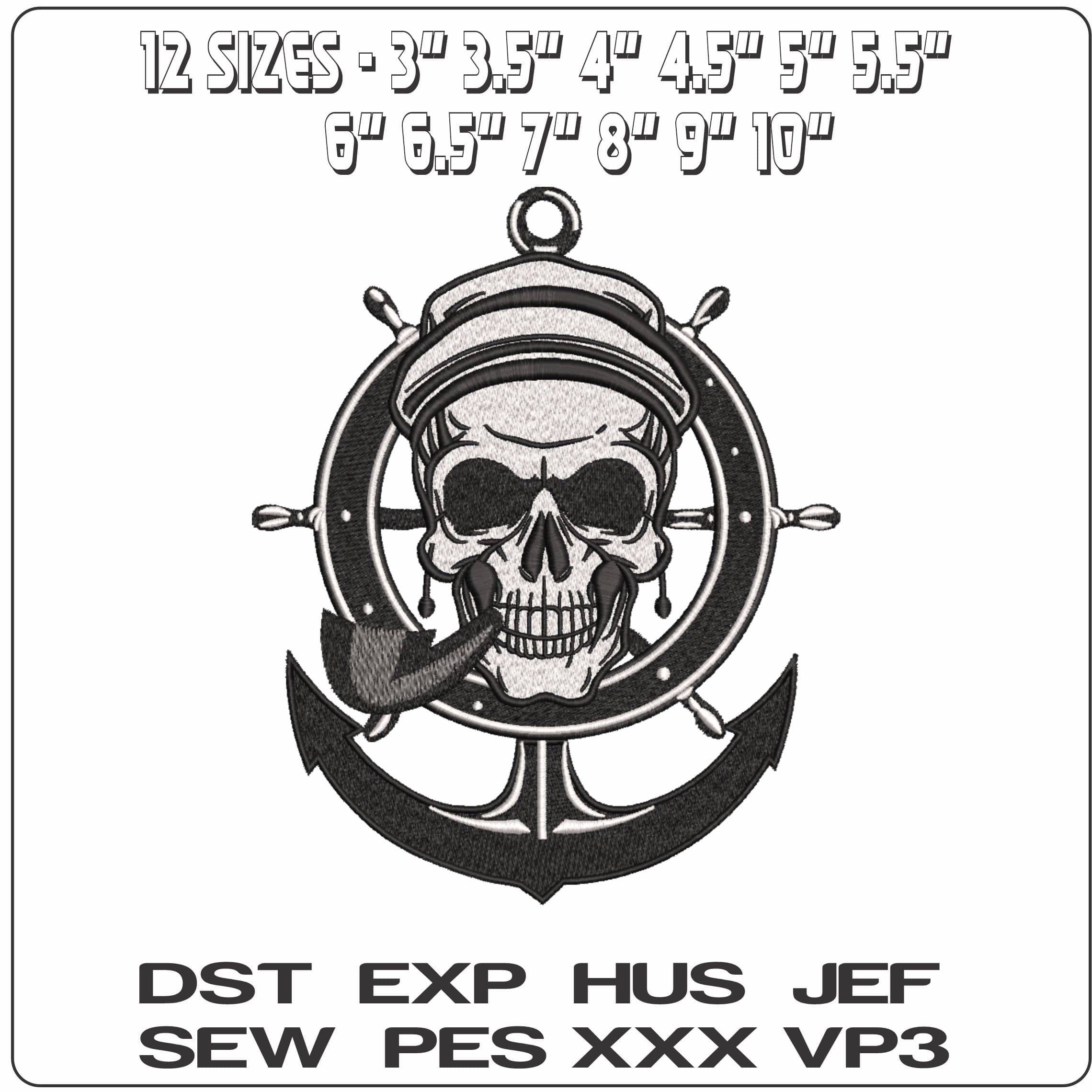 Anchor and Ships wheel with Skull    - Elegant embroidery design file-instant download — view 2