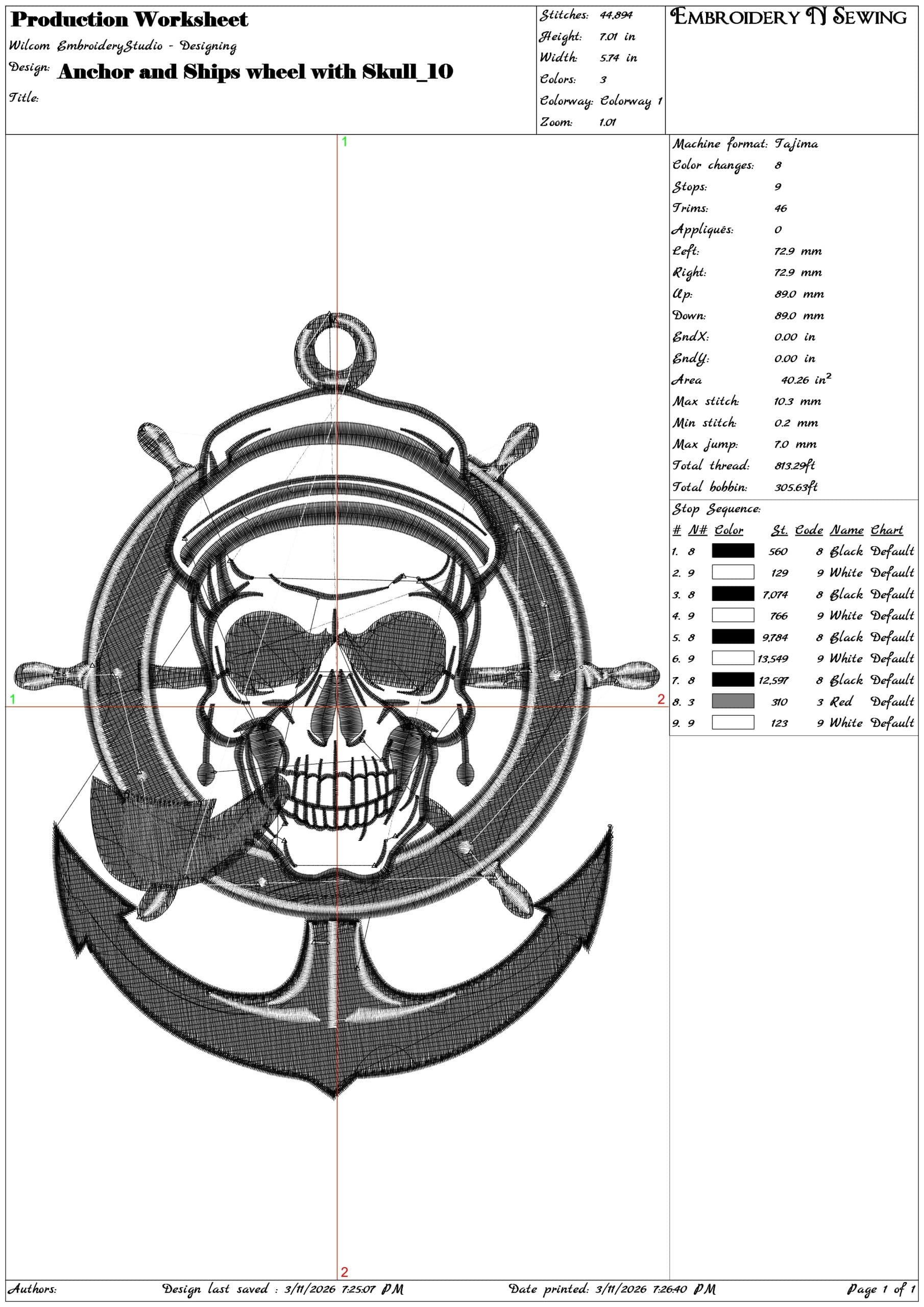 Anchor and Ships wheel with Skull    - Elegant embroidery design file-instant download — view 3