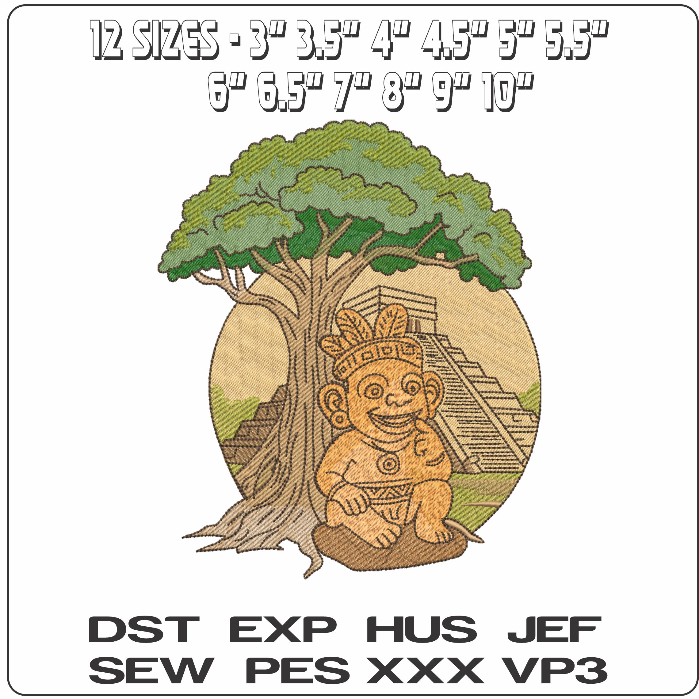 Aztec Pyramid with Symbol and Tree    - Elegant embroidery design file-instant download — view 2