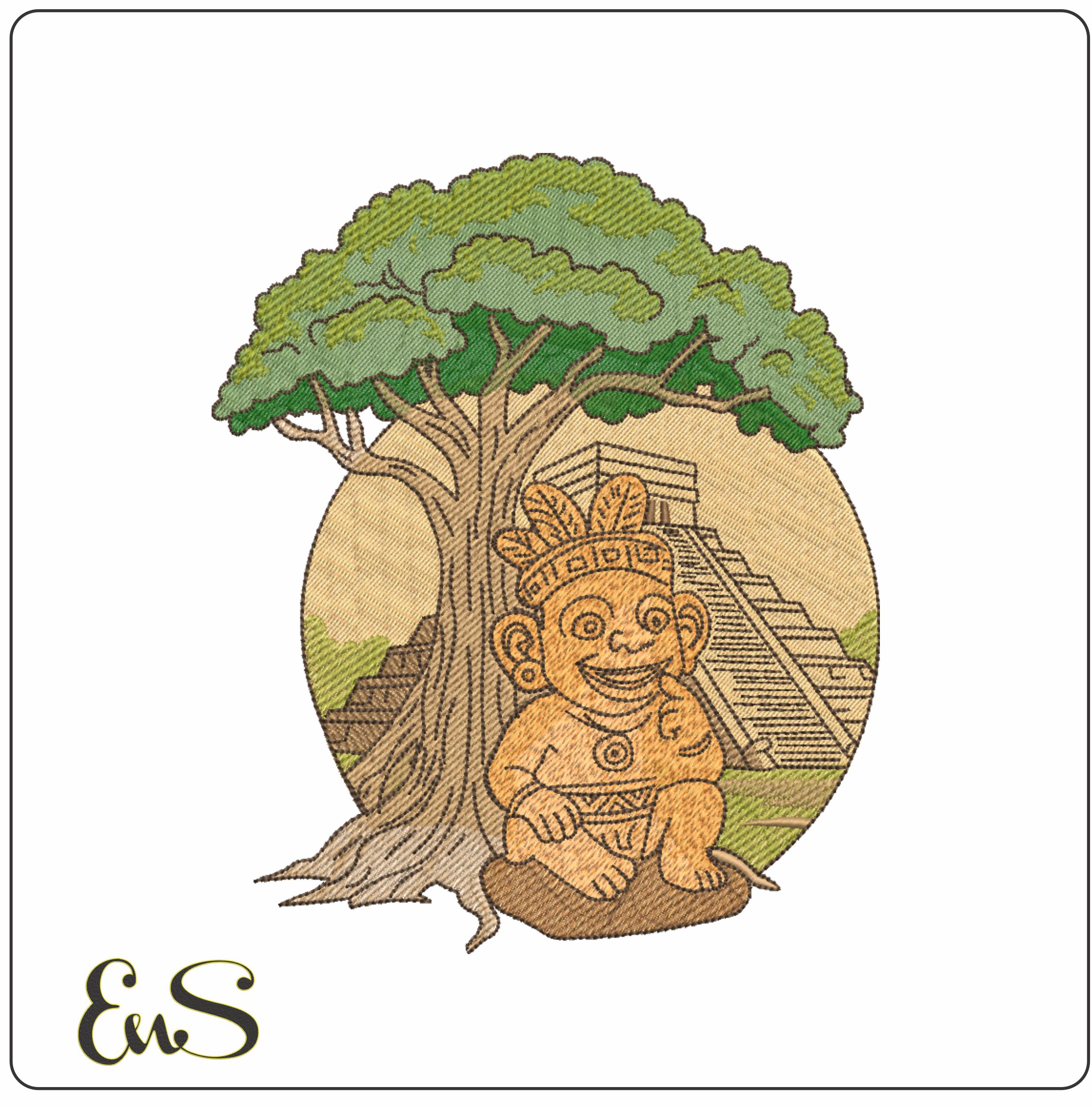 Aztec Pyramid with Symbol and Tree    - Elegant embroidery design file-instant download