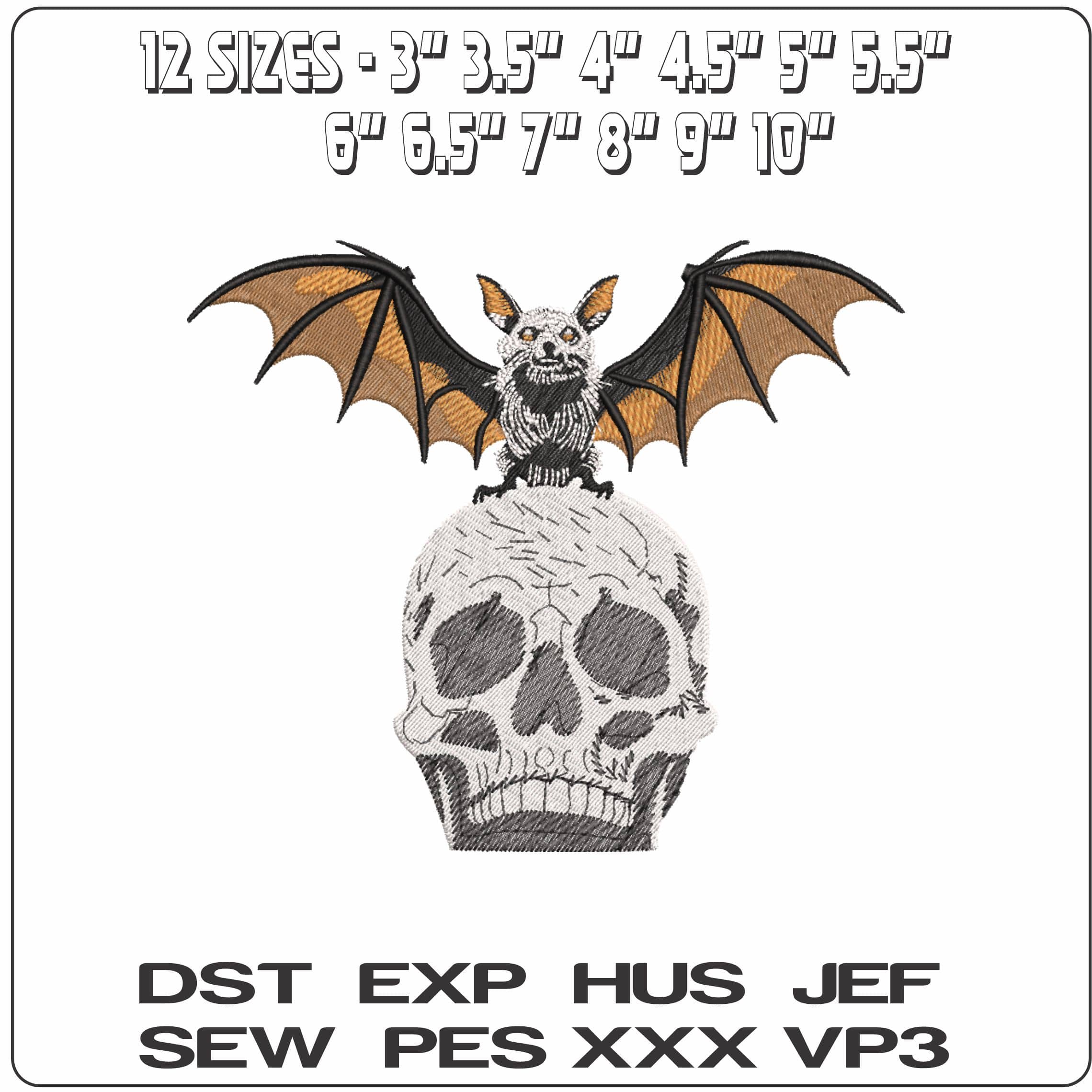 Bat on Skull    - Elegant embroidery design file-instant download — view 2