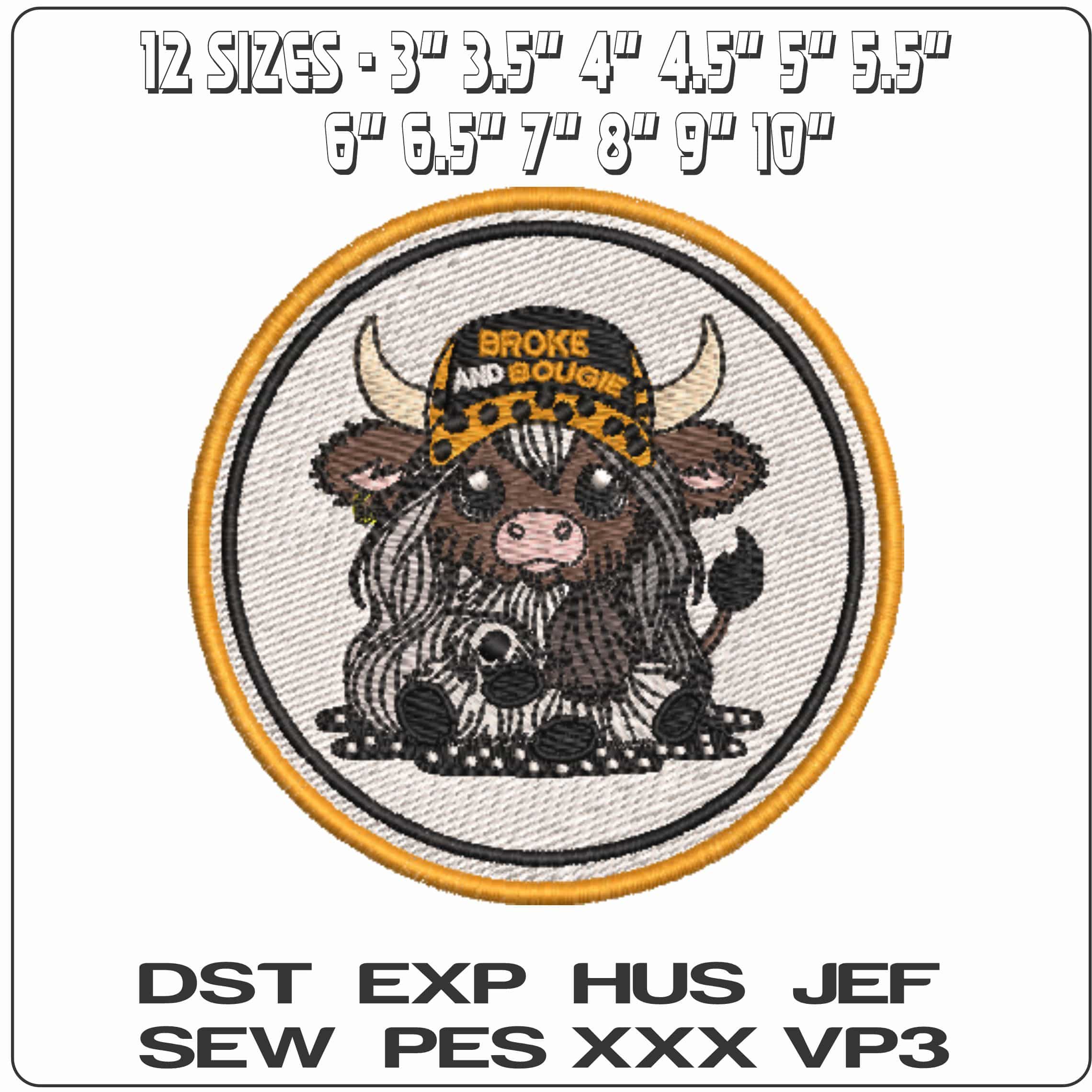 Broke and Bougie Highland Cow Patch    - Elegant embroidery design file-instant download — view 2