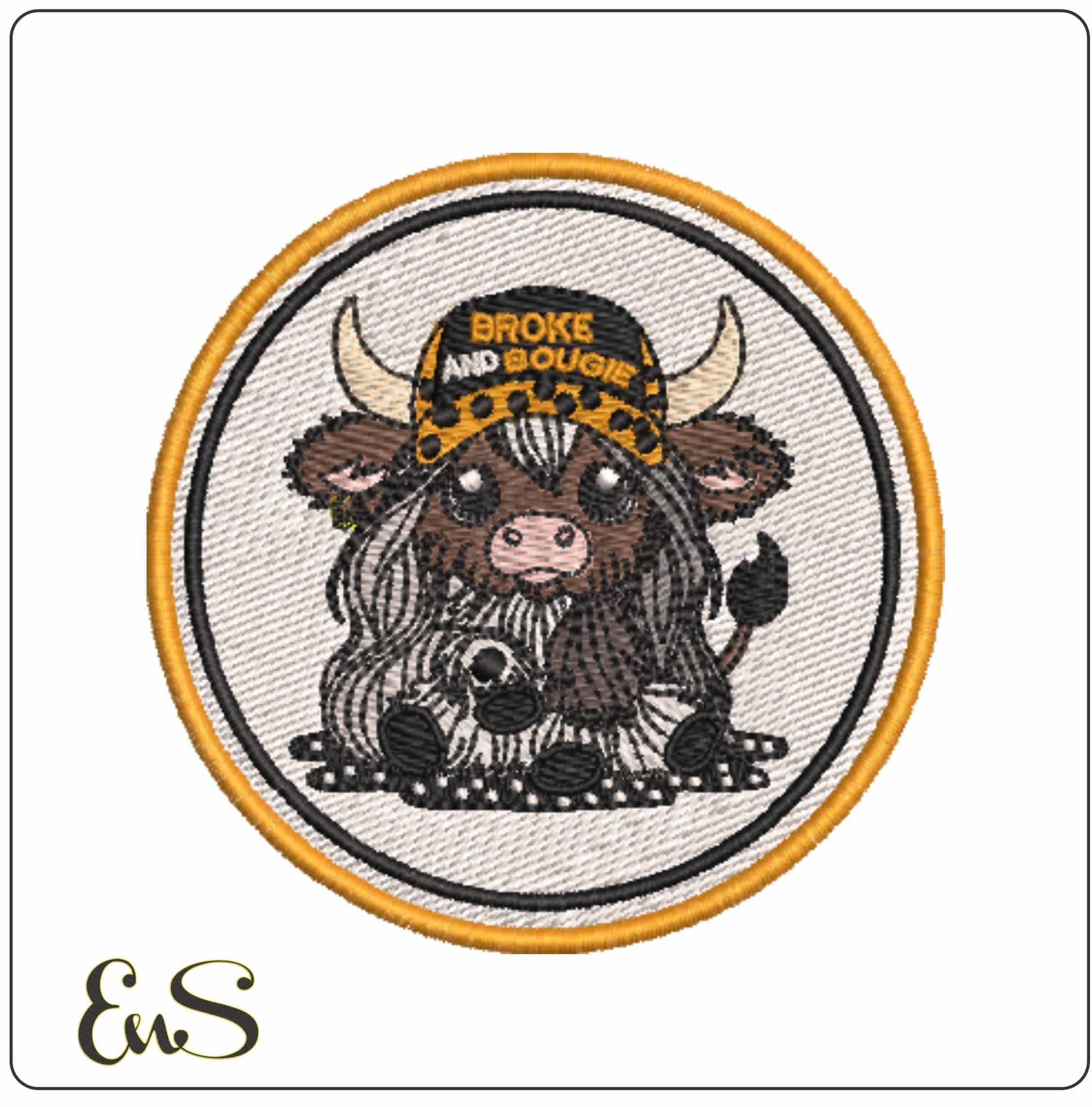 Broke and Bougie Highland Cow Patch    - Elegant embroidery design file-instant download