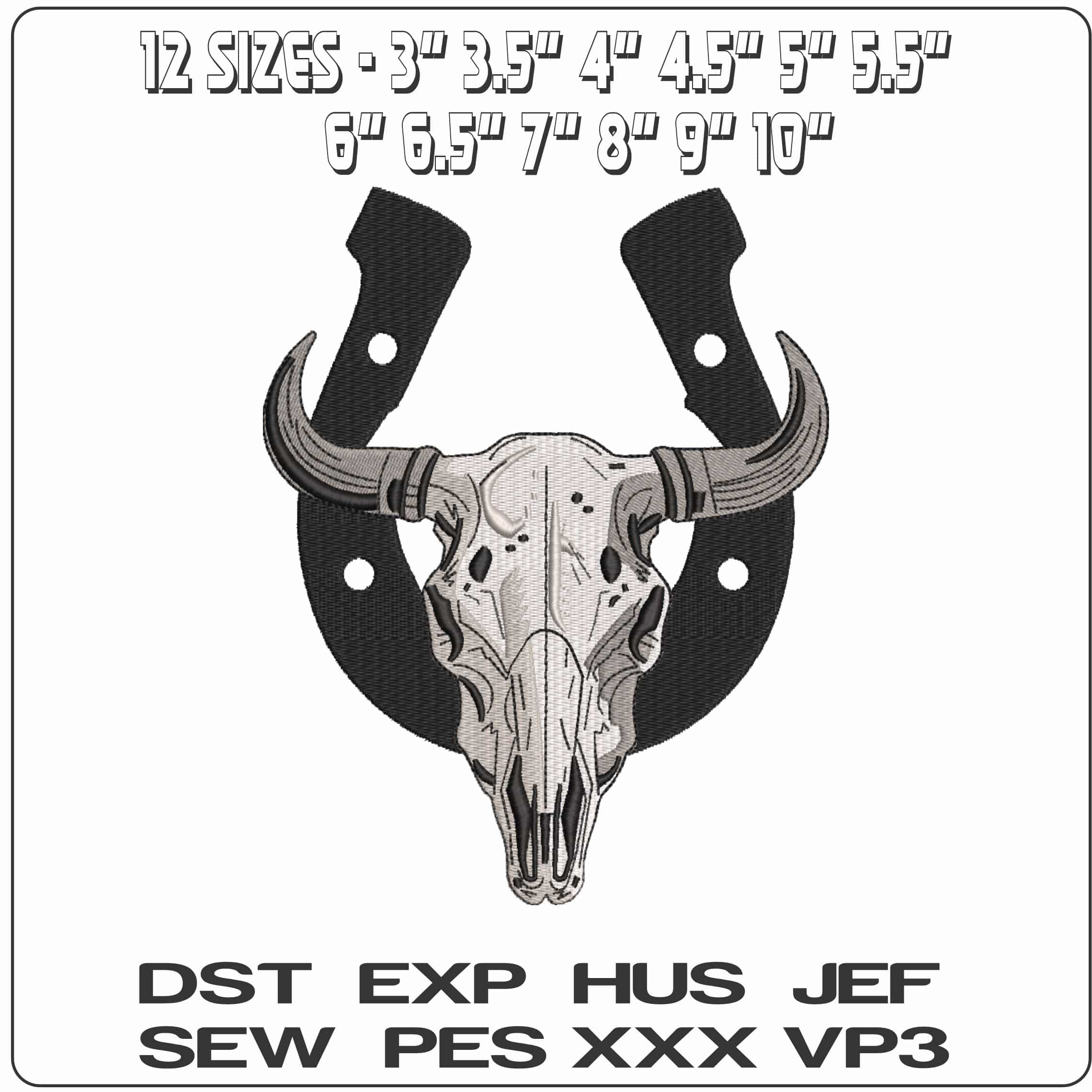 Bulls Skull and Horse Shoe    - Elegant embroidery design file-instant download — view 2