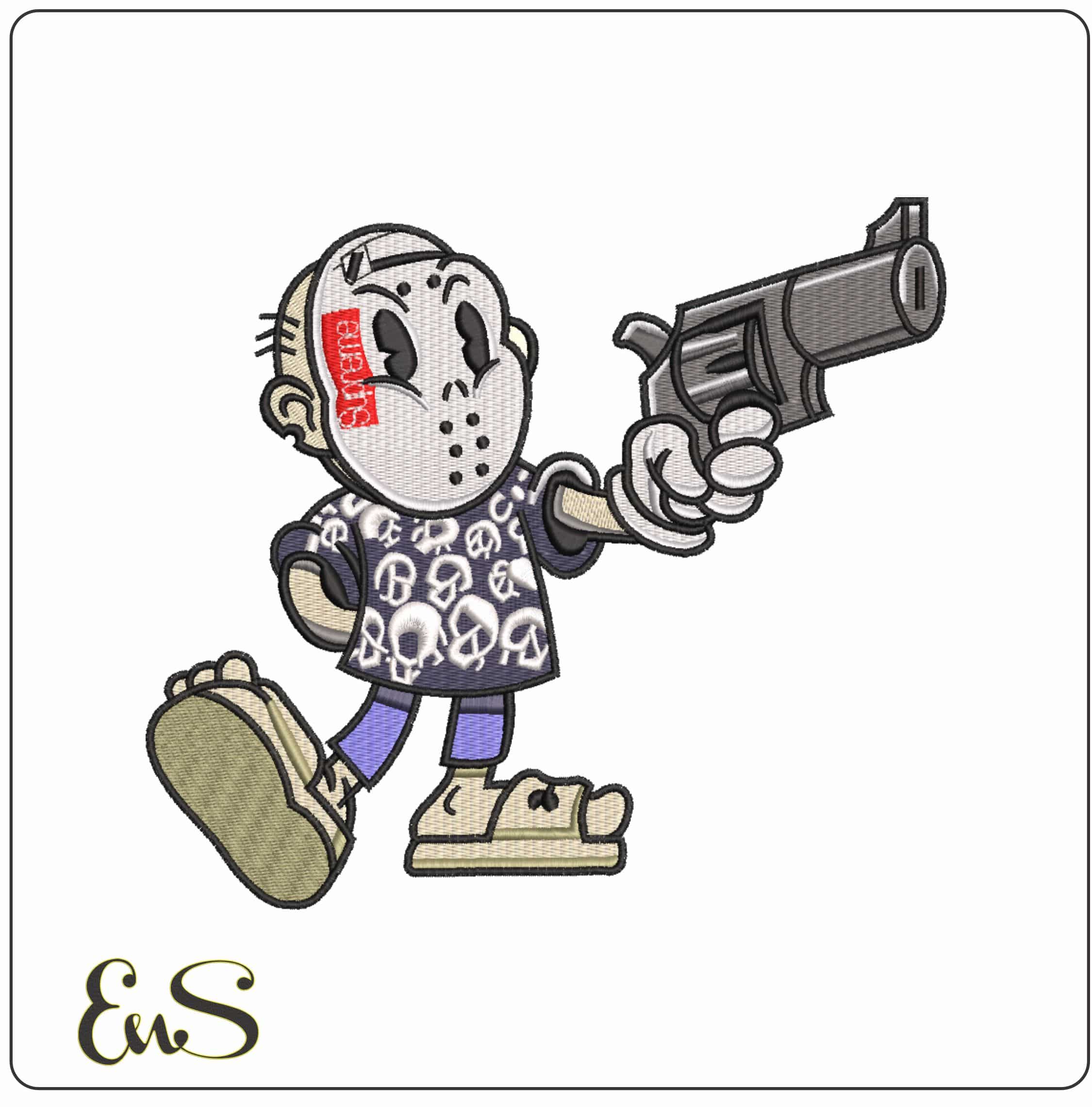 Chibi Friday 13th with a Gun    - Elegant embroidery design file-instant download