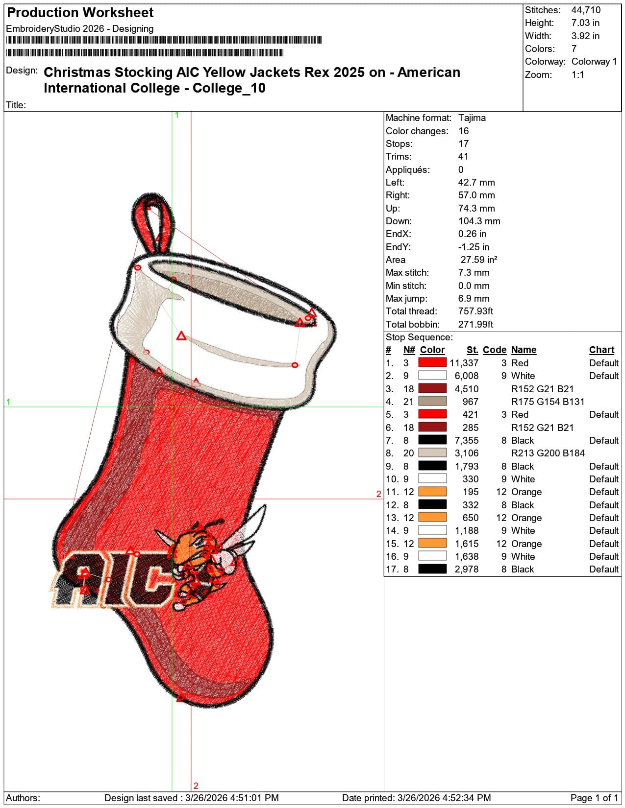 Christmas Stocking AIC Yellow Jackets Rex 2025   College    - Elegant embroidery design file-instant download — view 2