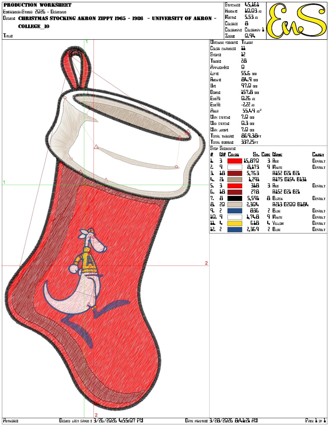 Christmas Stocking Akron Zippy 1965 1986 University    - Elegant embroidery design file-instant download — view 3