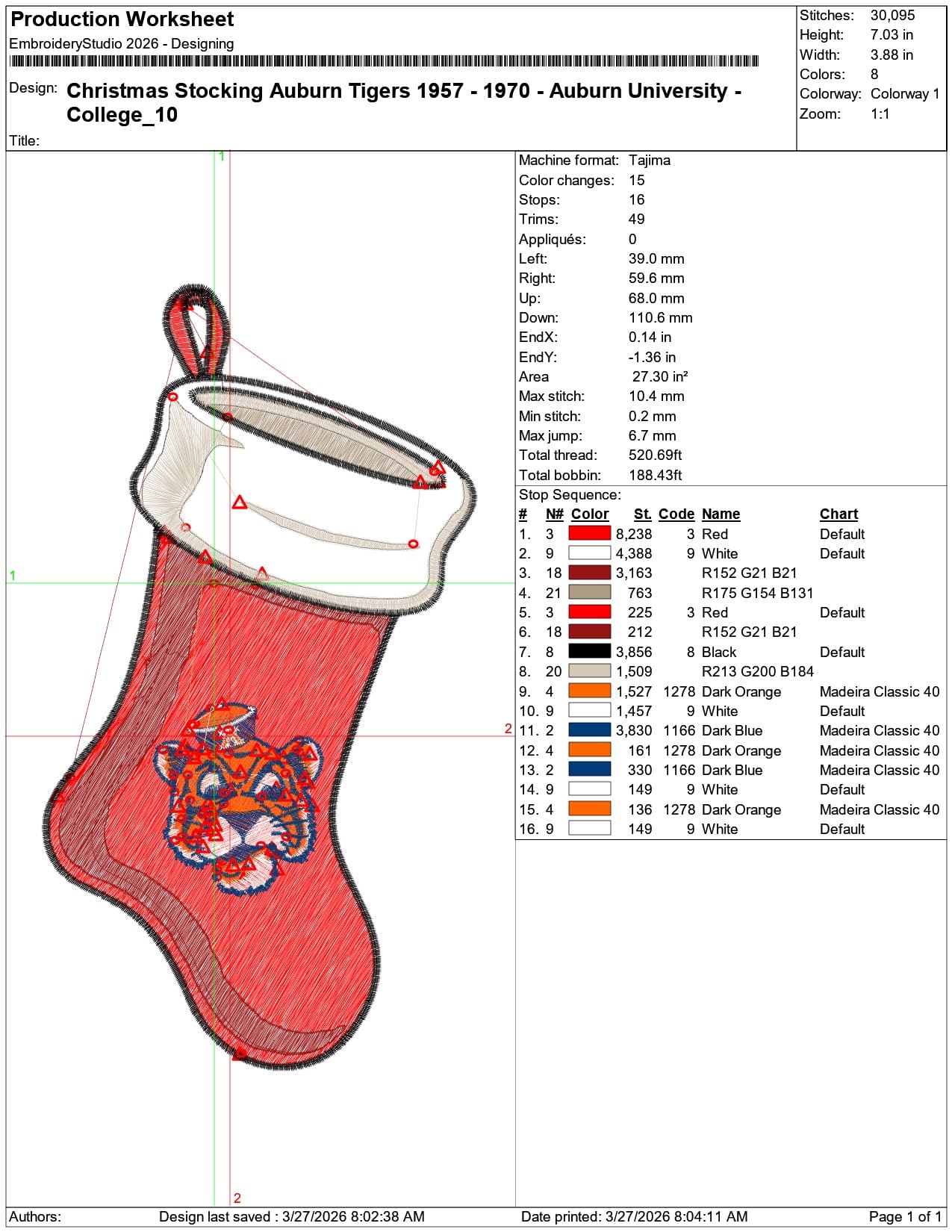 Christmas Stocking Auburn Tigers 1957 1970 University   - Elegant embroidery design file-instant download — view 3