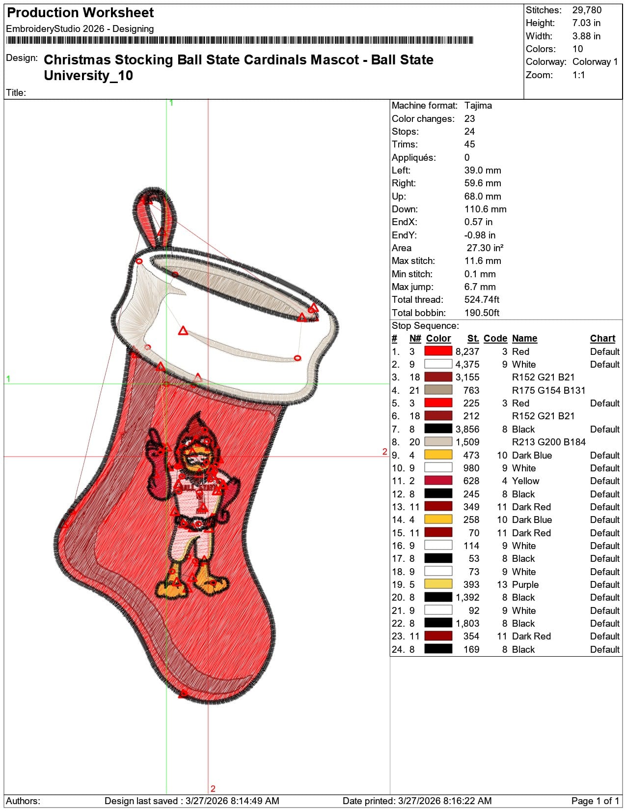 Christmas Stocking Ball State Cardinals Mascot University   - Elegant embroidery design file-instant download — view 3