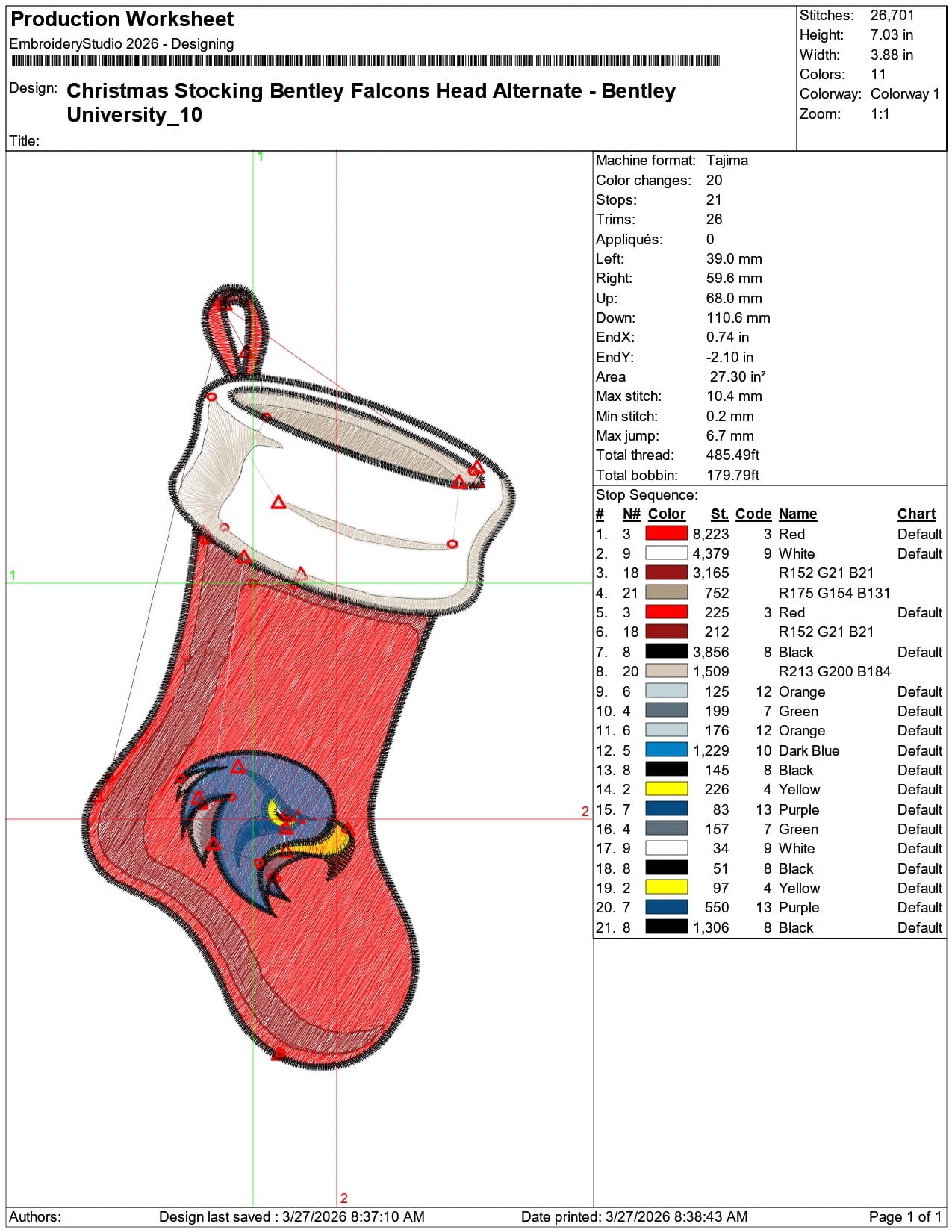 Christmas Stocking Bentley Falcons Head Alternate University   - Elegant embroidery design file-instant download — view 3
