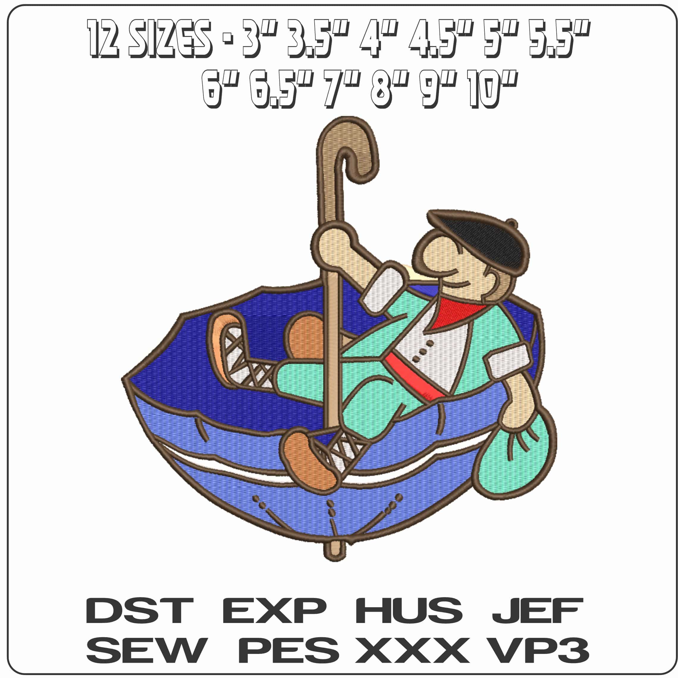 Man Sailing in Upside down Umbrella Cartoon    - Elegant embroidery design file-instant download — view 2