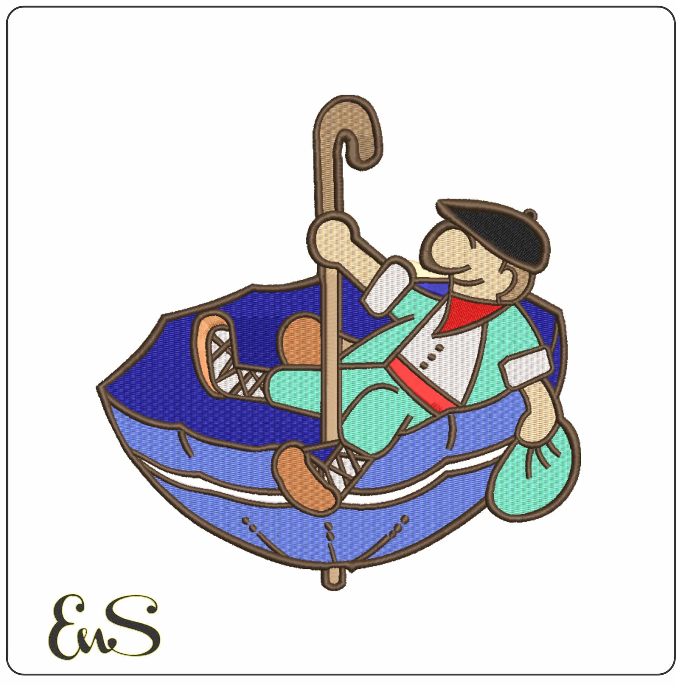Man Sailing in Upside down Umbrella Cartoon    - Elegant embroidery design file-instant download